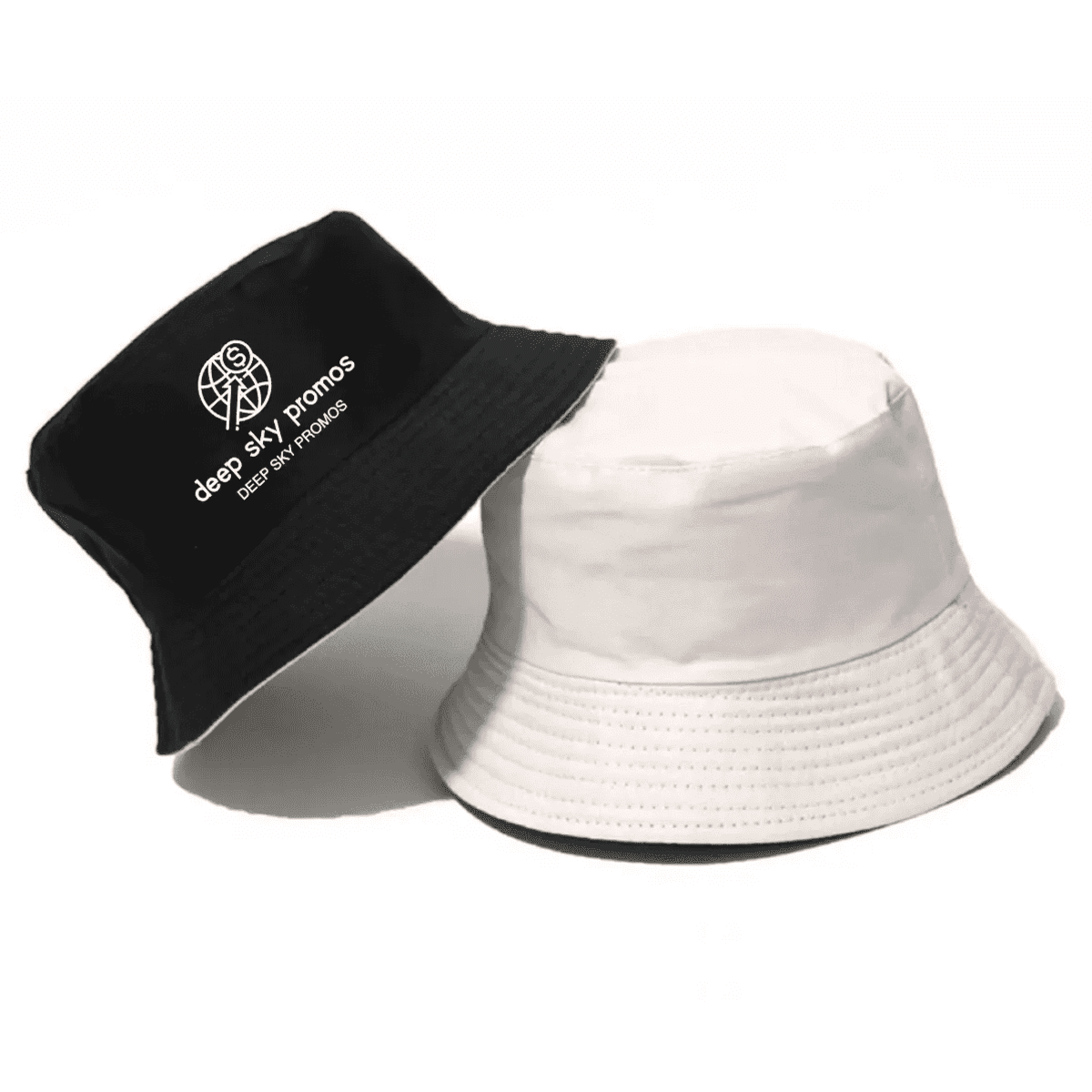 A black bucket hat and a white bucket hat, both featuring a logo on the front.