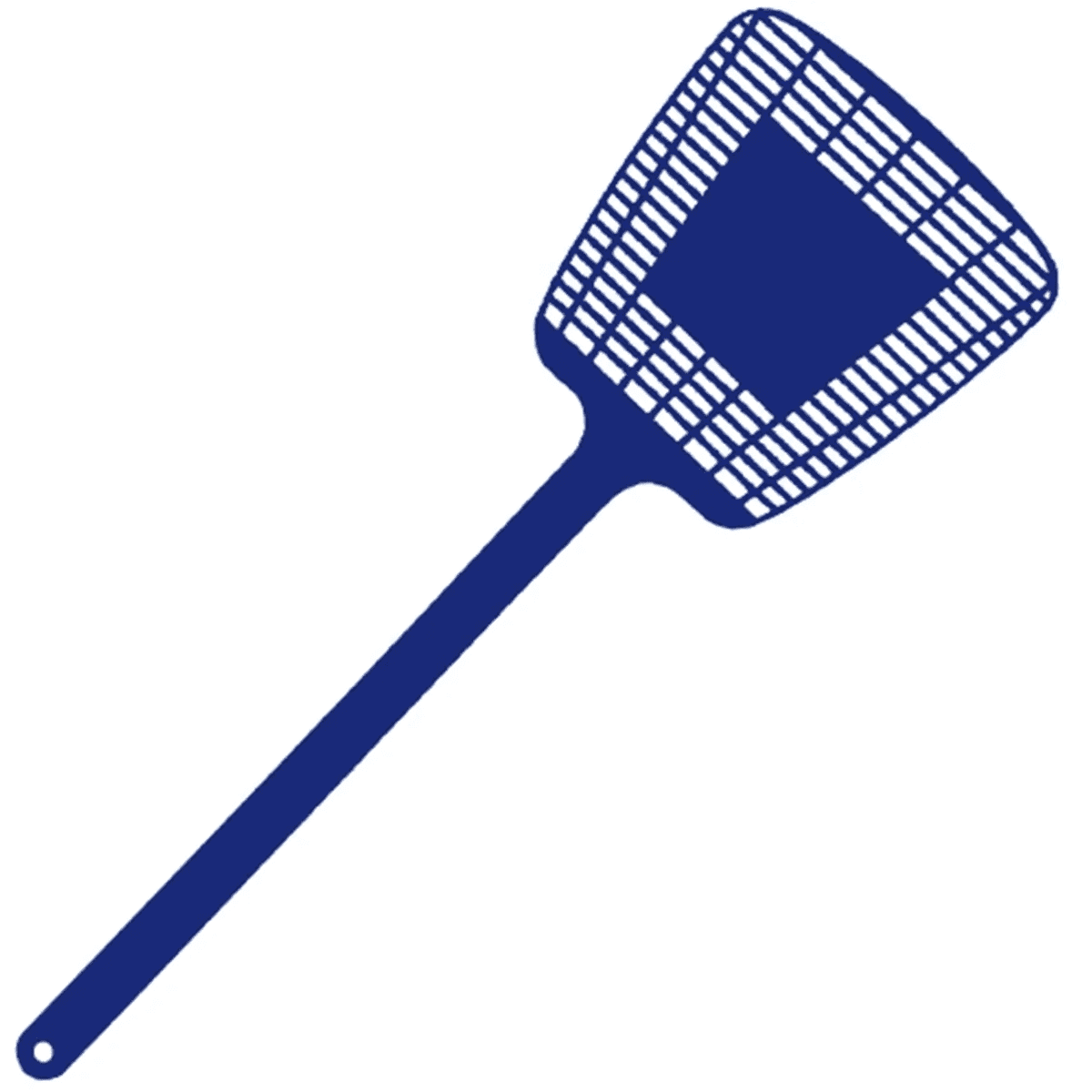 A blue fly swatter with a long handle and a grid-patterned swatting surface. It features a circular hole at the end of the handle.