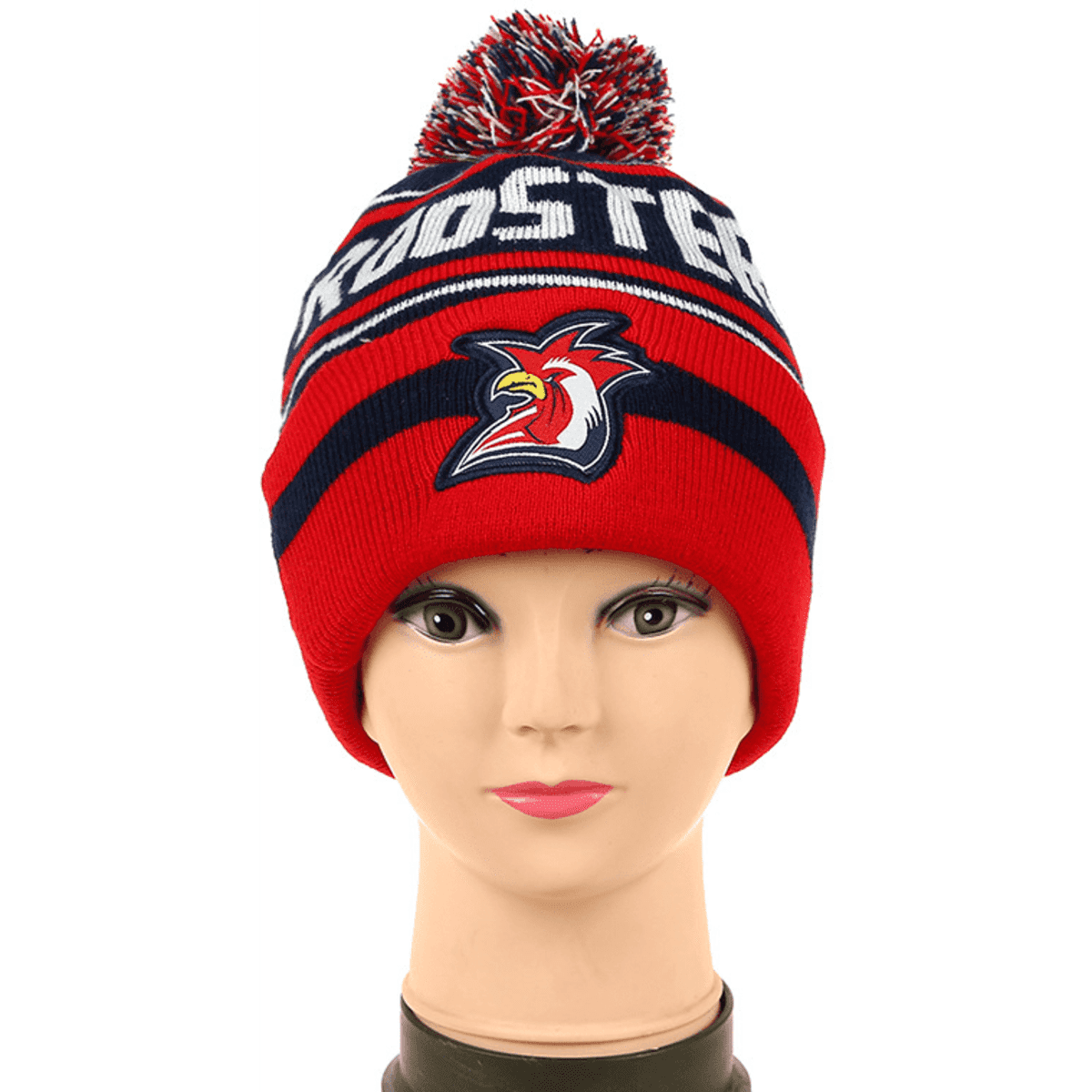 A red beanie hat with a pom-pom on top and a logo, featuring horizontal stripes in navy and white.