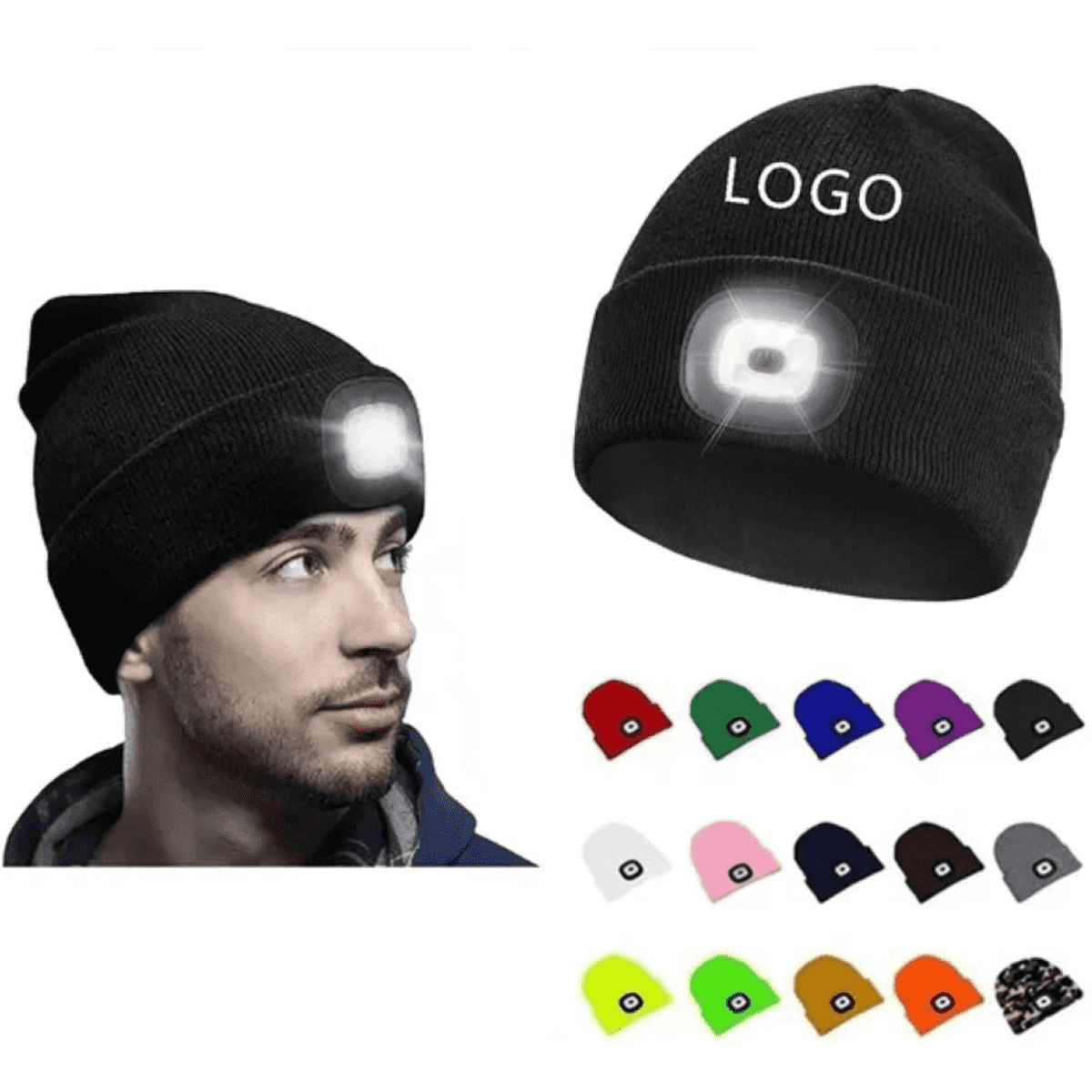 A black LED beanie hat with a light on the front, displayed alongside various coloured beanie options and a person wearing it.