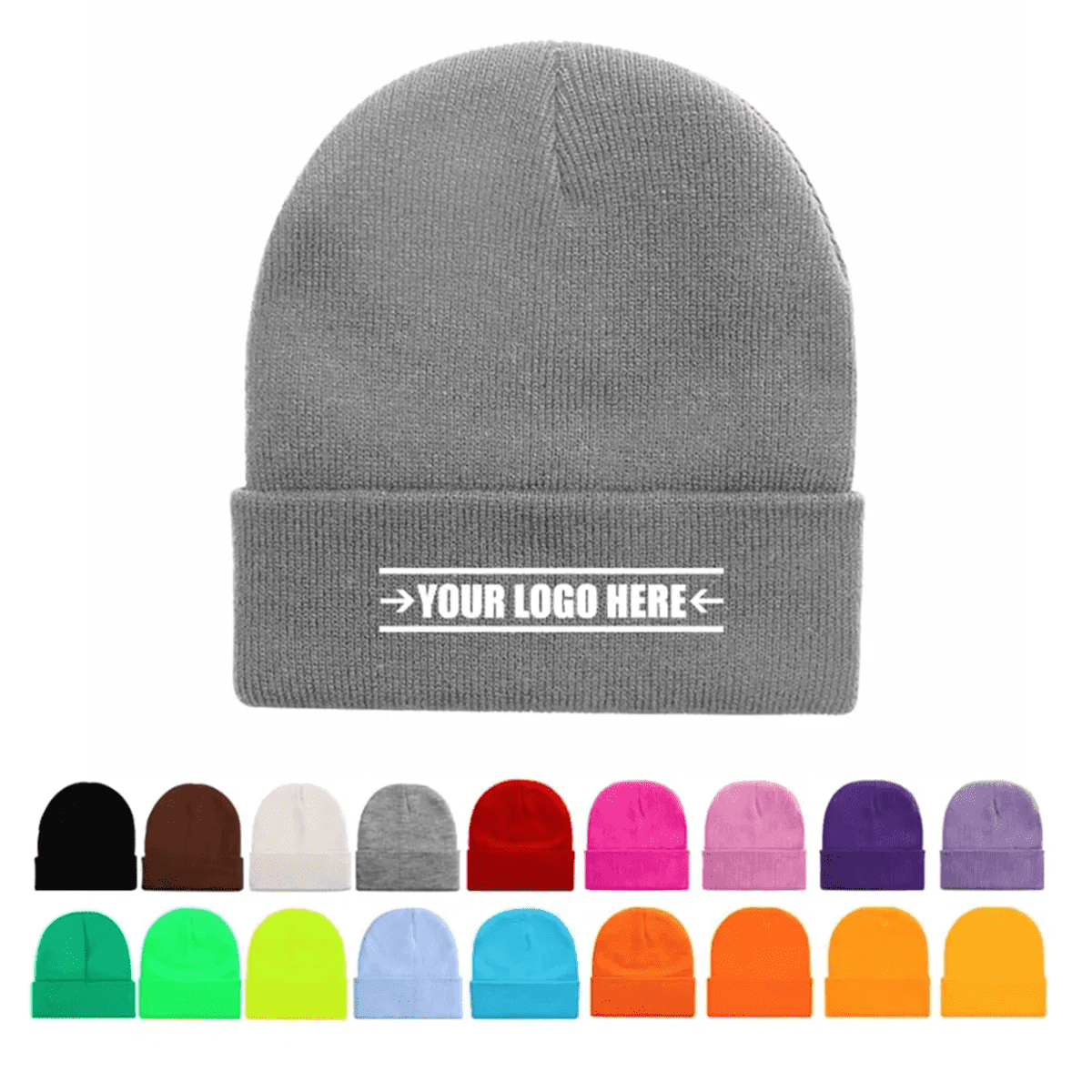 A grey beanie hat featuring a logo area, surrounded by a variety of coloured beanie hats.