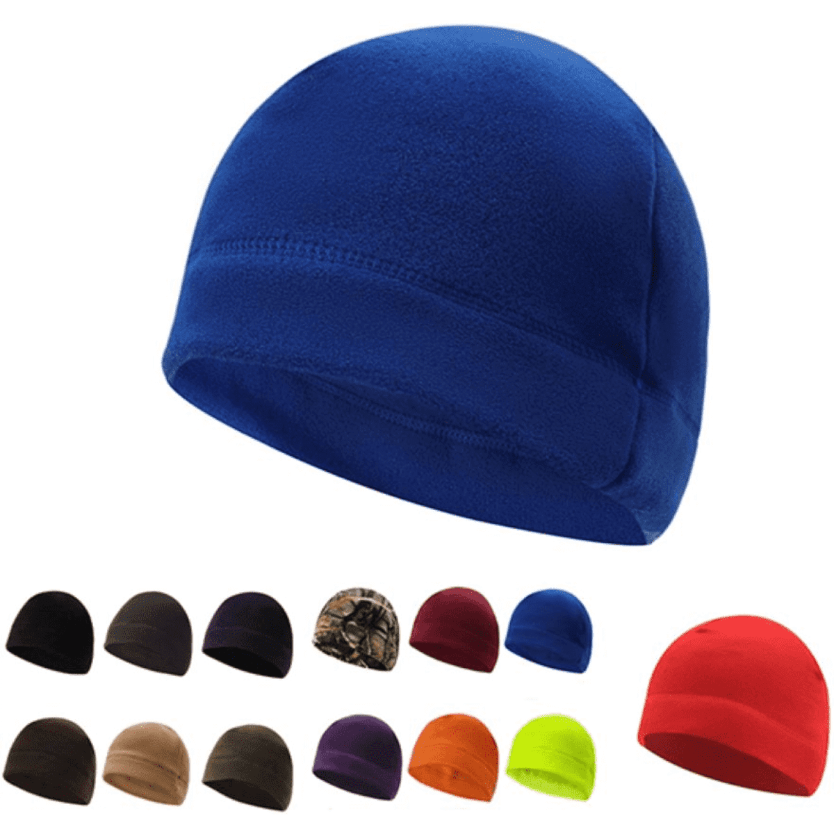 A fleece winter hat in navy blue, with a variety of other hat colours including black, red, and camo displayed below.