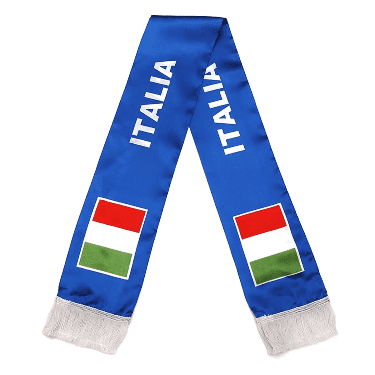 A blue soccer fan scarf with fringe, featuring the word "ITALIA" and two flags, one with red, white, and green.