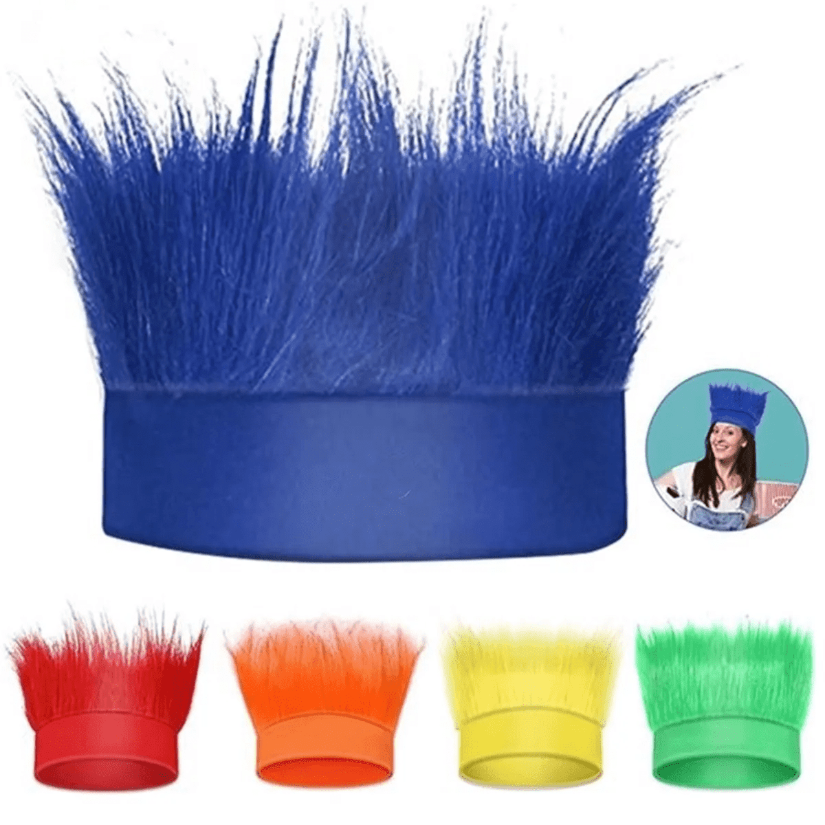 A blue hair wig with spiky strands, accompanied by red, orange, yellow, and green variations. Features a branding logo.