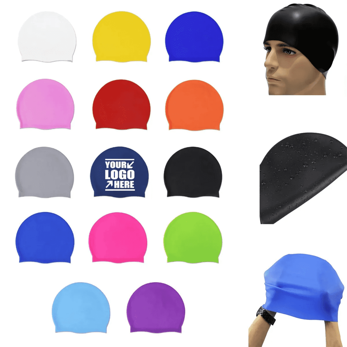 A collection of swimming hats in various colours, including black, pink, blue, yellow, and green, with one featuring a logo.
