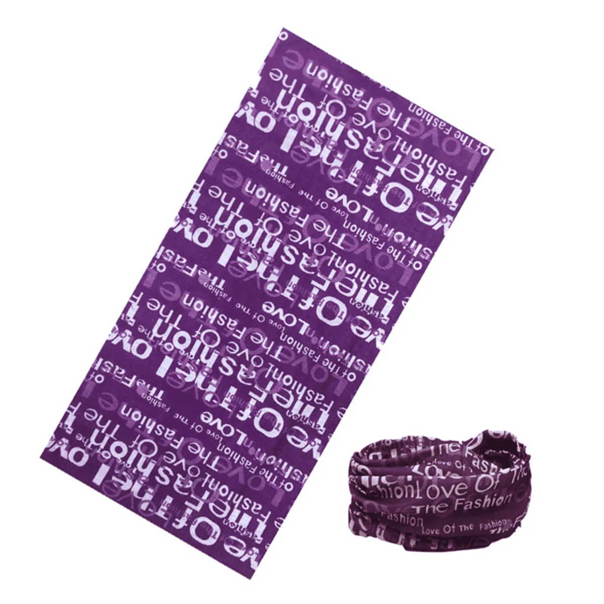A seamless headscarf in purple, featuring a patterned design and a matching scrunchie.