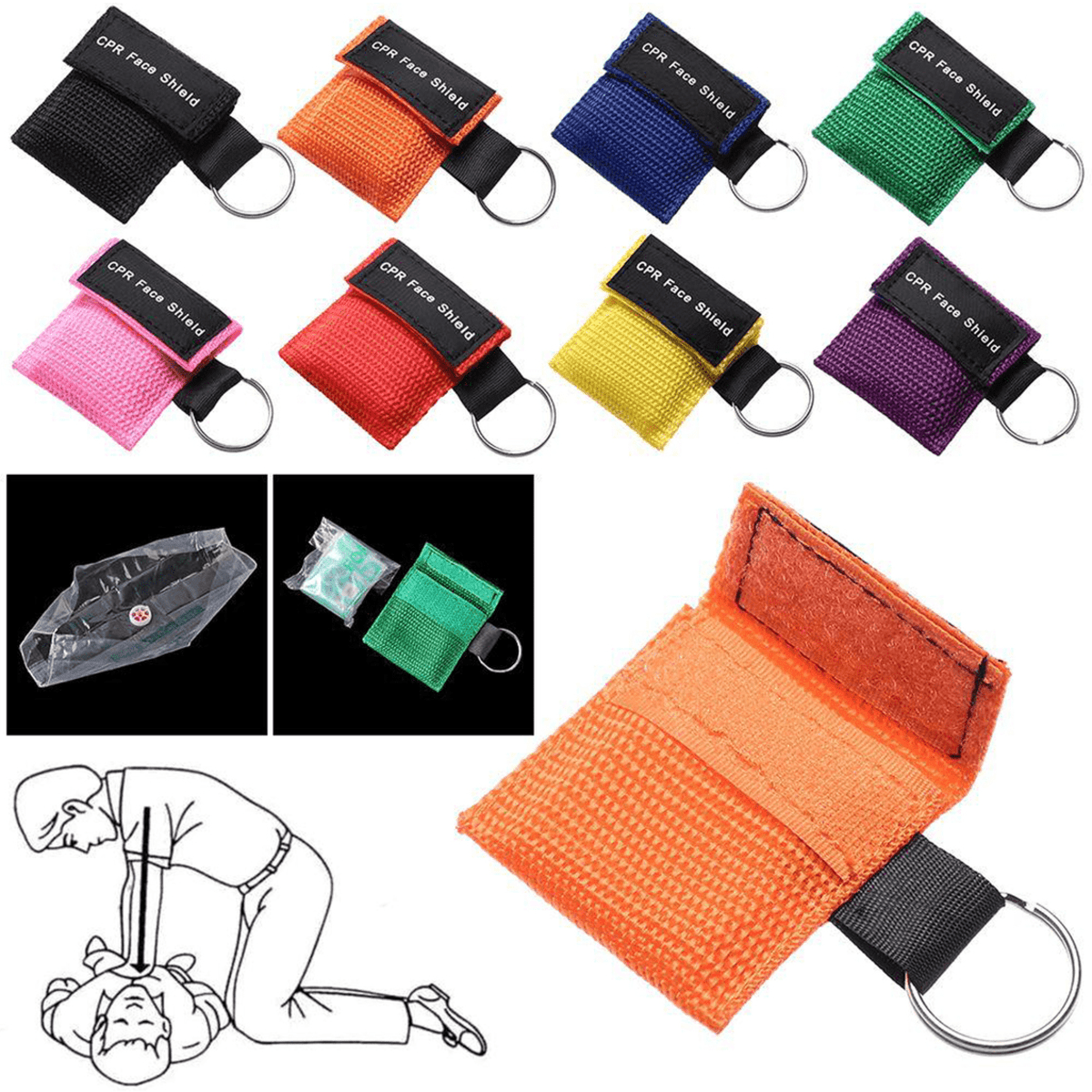 A set of CPR emergency mask keychains in various colours, each attached to a keyring, with an illustrative diagram included.