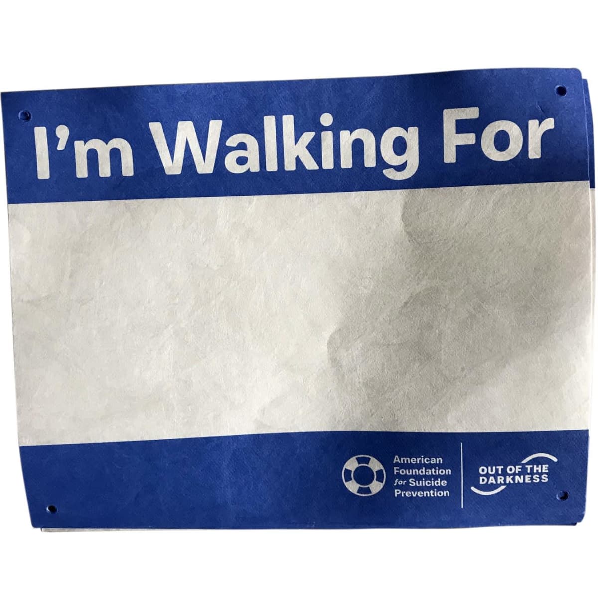 A blue and white race number with a logo, featuring the text "I’m Walking For" and space for personalization.