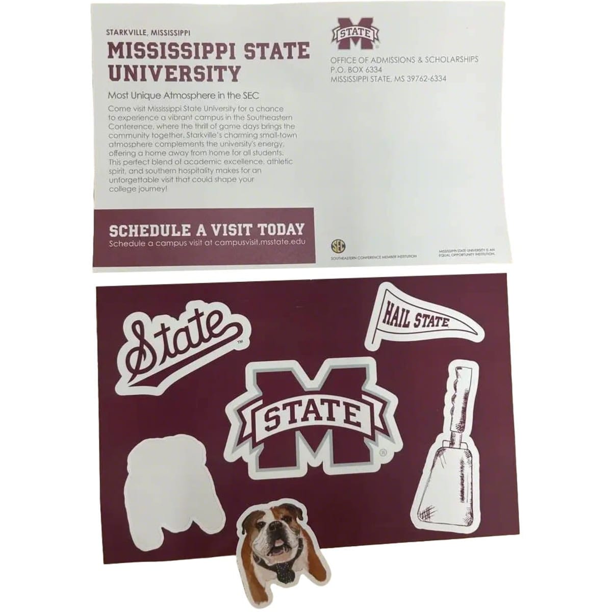 A sticker sheet featuring assorted stickers in maroon and white, including a dog and university logos, with a print backer.
