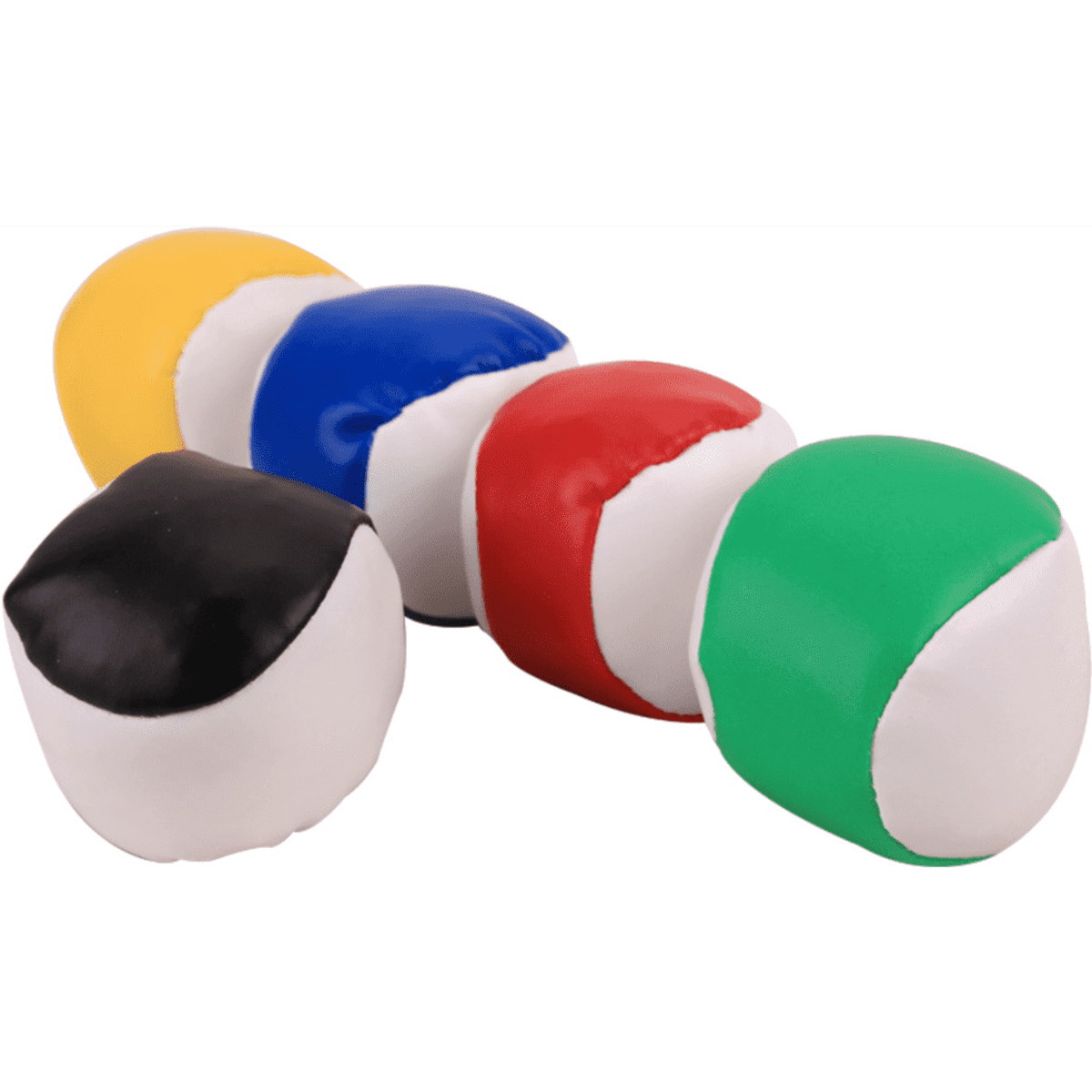 A set of five Hacky Sack Kick Balls in yellow, blue, red, green, and black, featuring a smooth, round design.