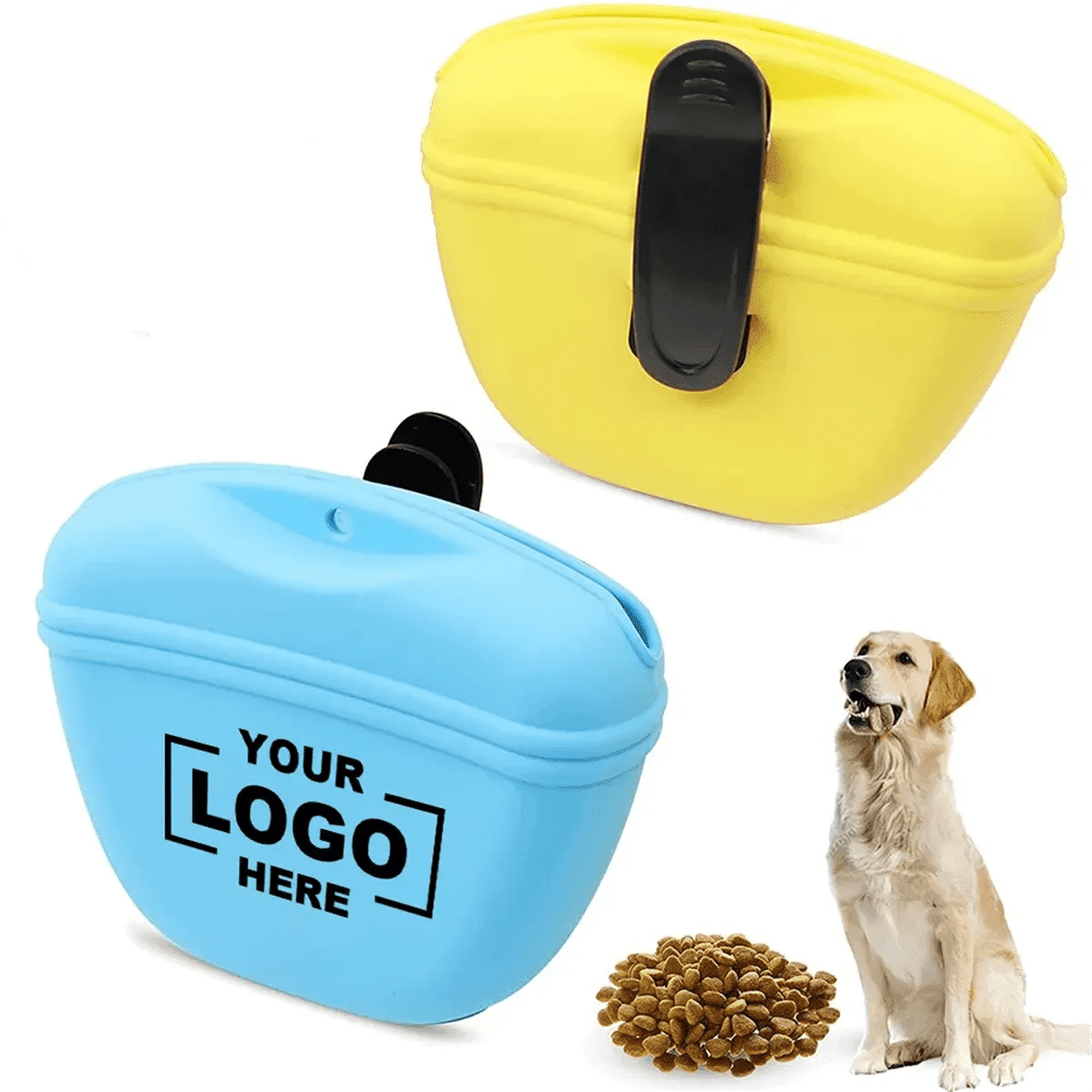 A yellow and blue silicone dog treat pouch with a clip, accompanied by a dog and some dog food.