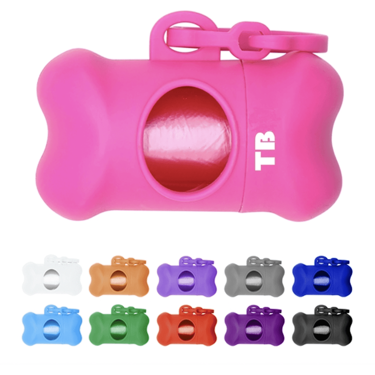A pink bone-shaped case holds pet waste disposable bags, alongside options in white, orange, purple, blue, black, and brown.