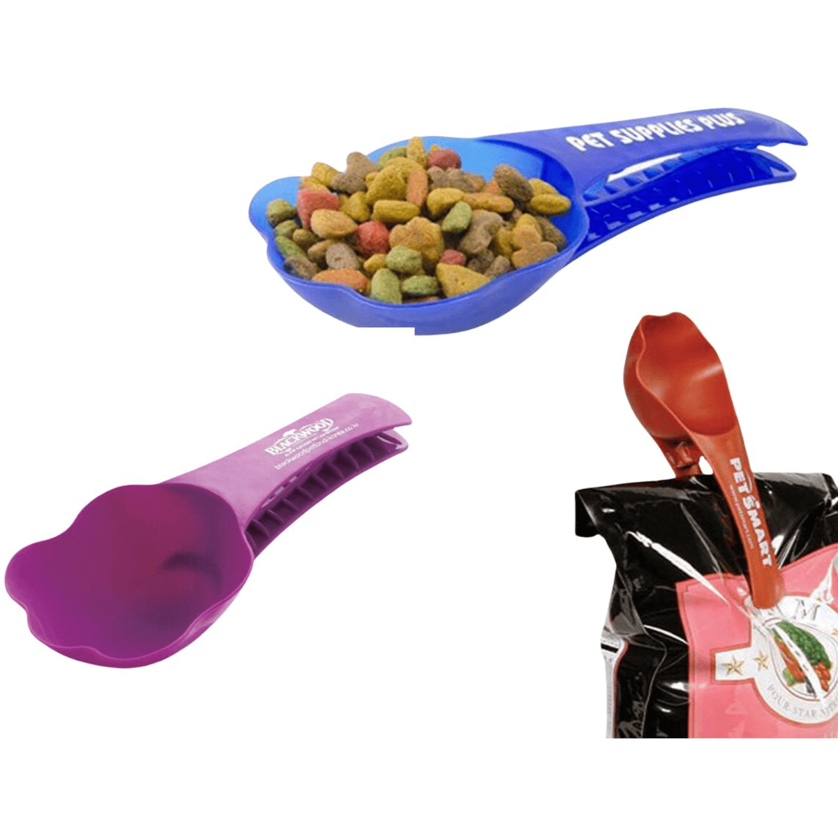 A blue and a purple pet food clip scooper with kibble, alongside a red scooper, placed near a pet food bag.