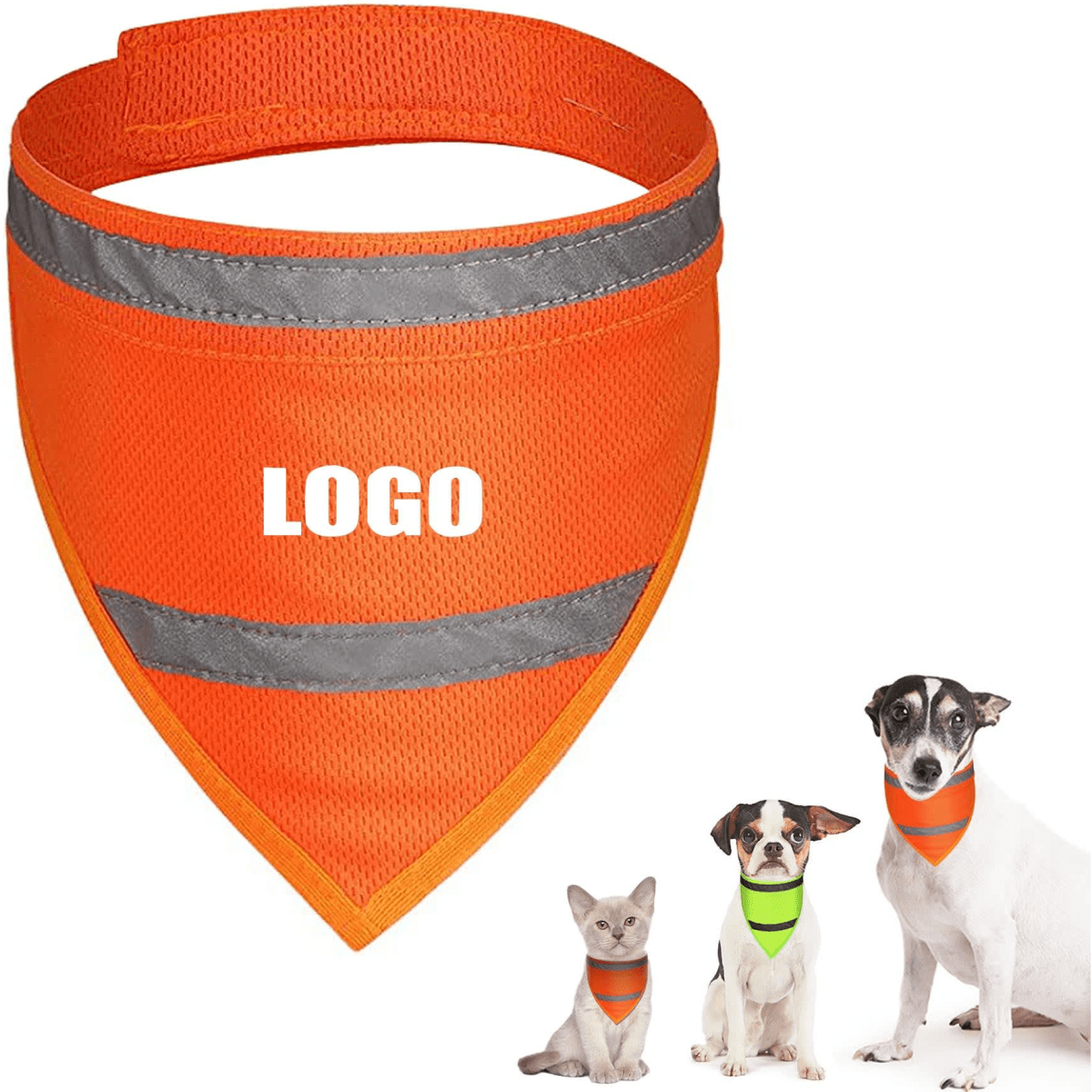 An orange reflective pet scarf with grey stripes, displayed alongside three pets wearing similar scarves.