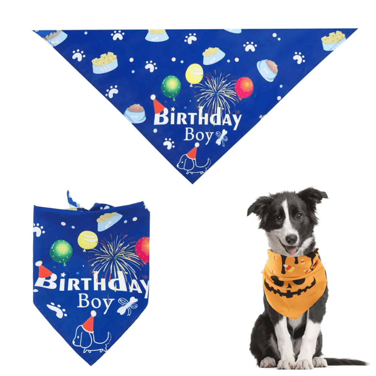 A blue pet triangle bandana featuring birthday-themed graphics, with a second orange bandana displaying Halloween designs.