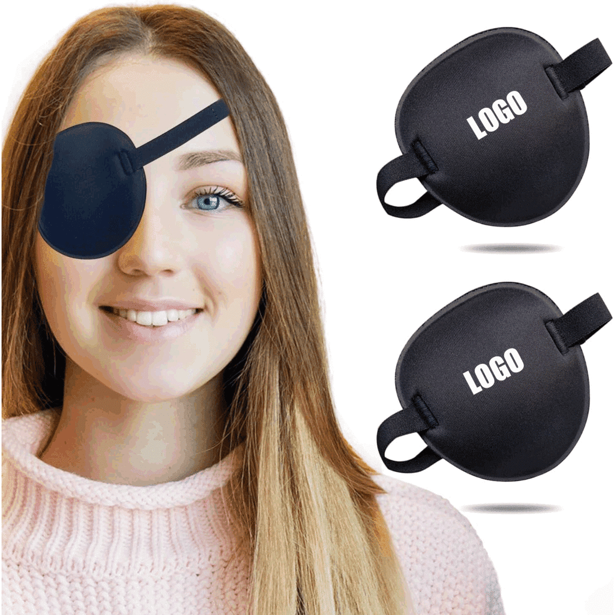 A black pirate eye mask is displayed, worn by a smiling woman, with two additional masks shown alongside.