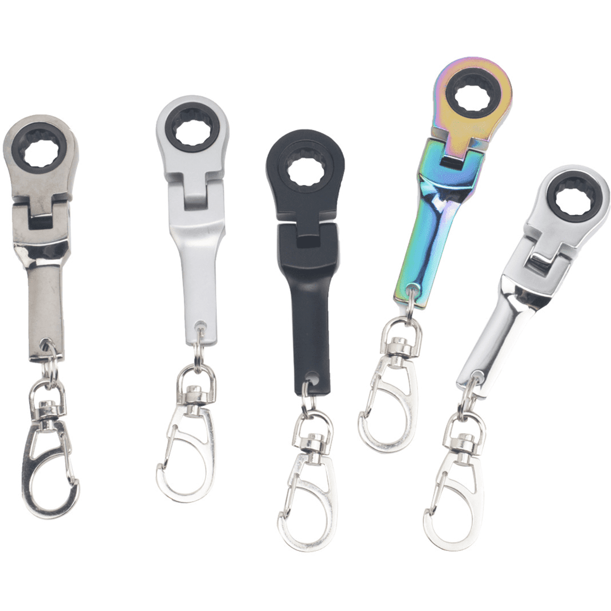 A set of five mini wrench keychains in silver, black, and rainbow colours, featuring a clip attachment and a branded logo.