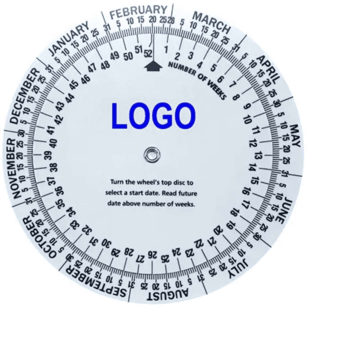 A circular date calculator wheel in white with black and blue markings, featuring a logo in the centre.