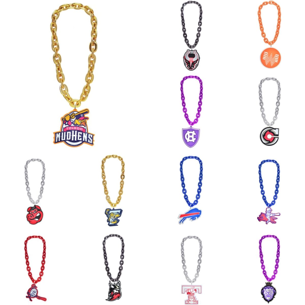 A collection of sport fan chains in various colours, featuring different team logos and symbols.