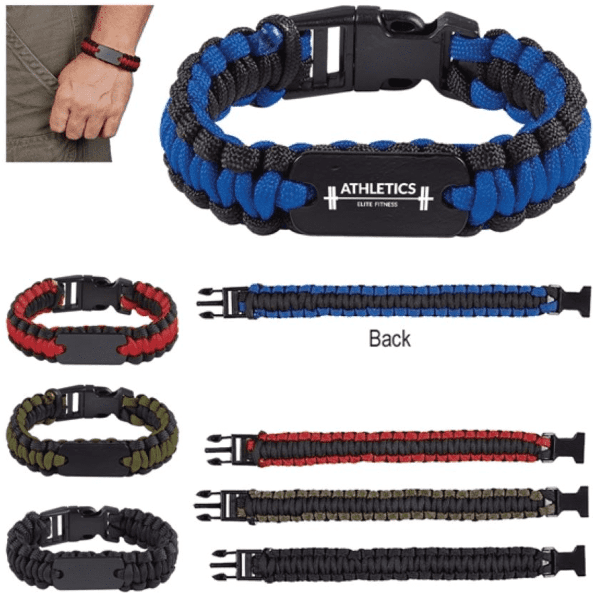 A paracord bracelet in blue and black, featuring a tag and several other colour options: red, green, and black.