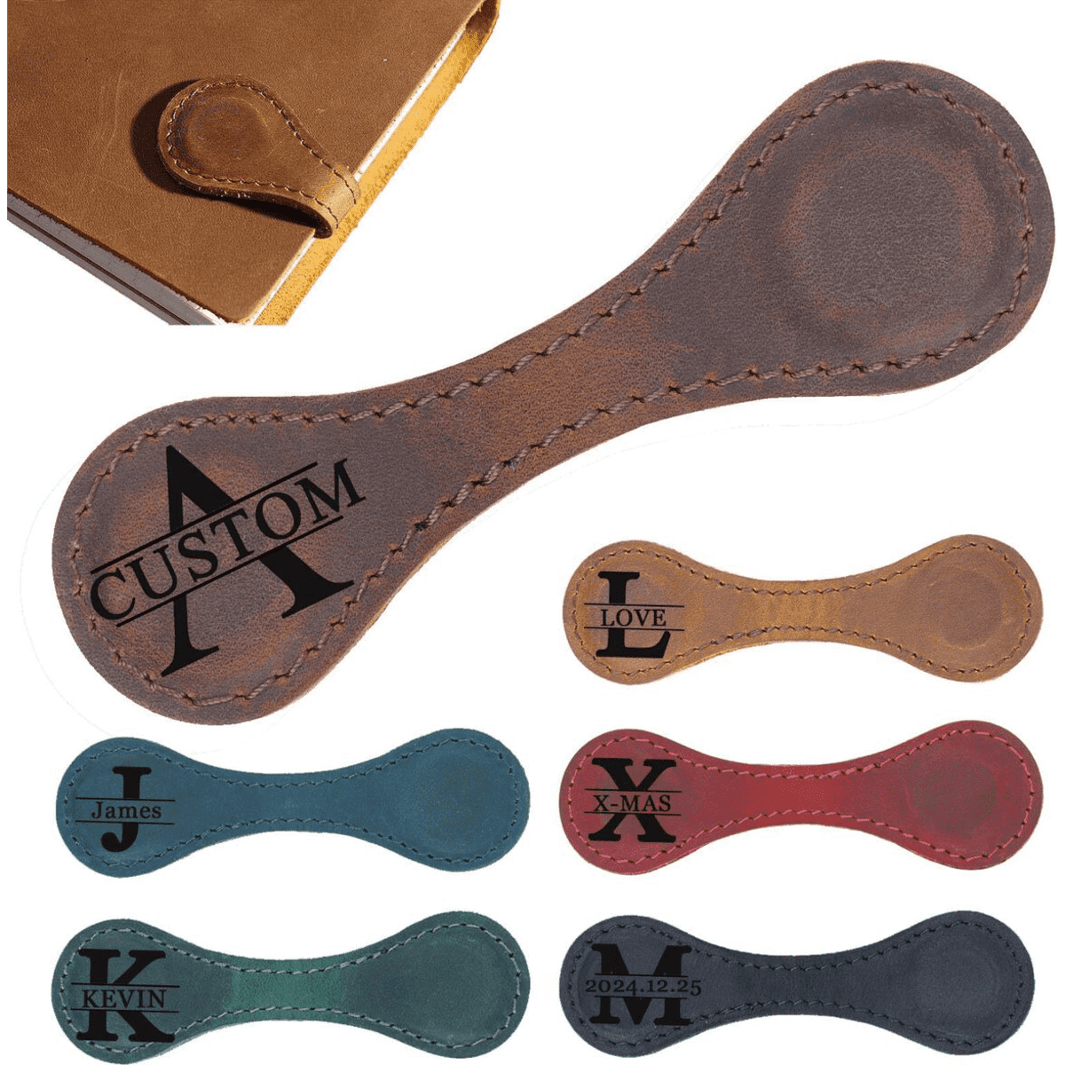 A set of PU leather magnetic bookmarks in various colours, featuring a logo and customizable engraved text.