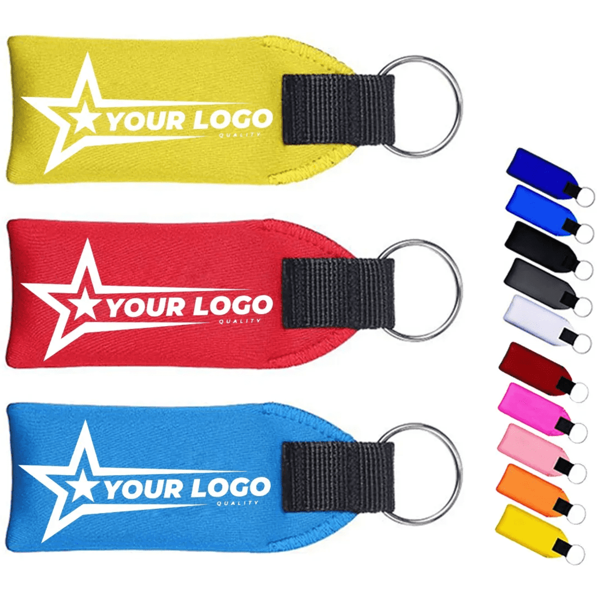 Three floating key chains in yellow, red, and blue with a keyring. Multiple additional colours are shown on the side.