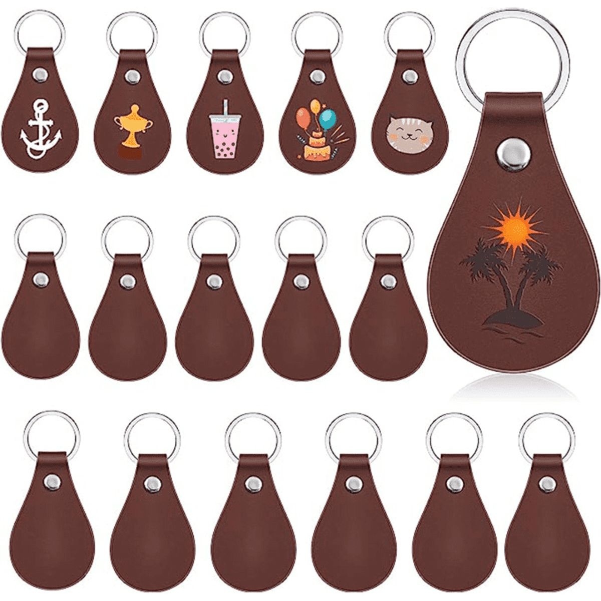 A collection of brown PU leather keychains featuring various designs, including icons and a logo.