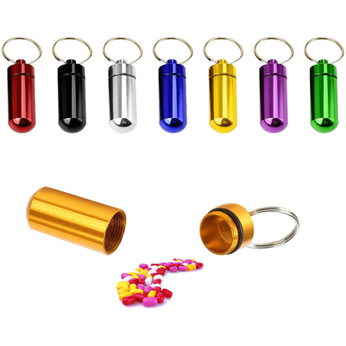 A set of colourful pill holder keychains in red, black, silver, blue, purple, green, and gold, with one open to reveal pills.