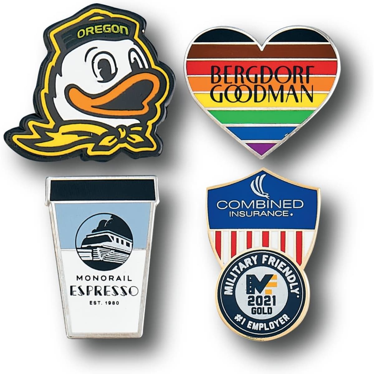 A collection of four lapel pins featuring a duck, a rainbow heart, a coffee cup, and a shield with branding.