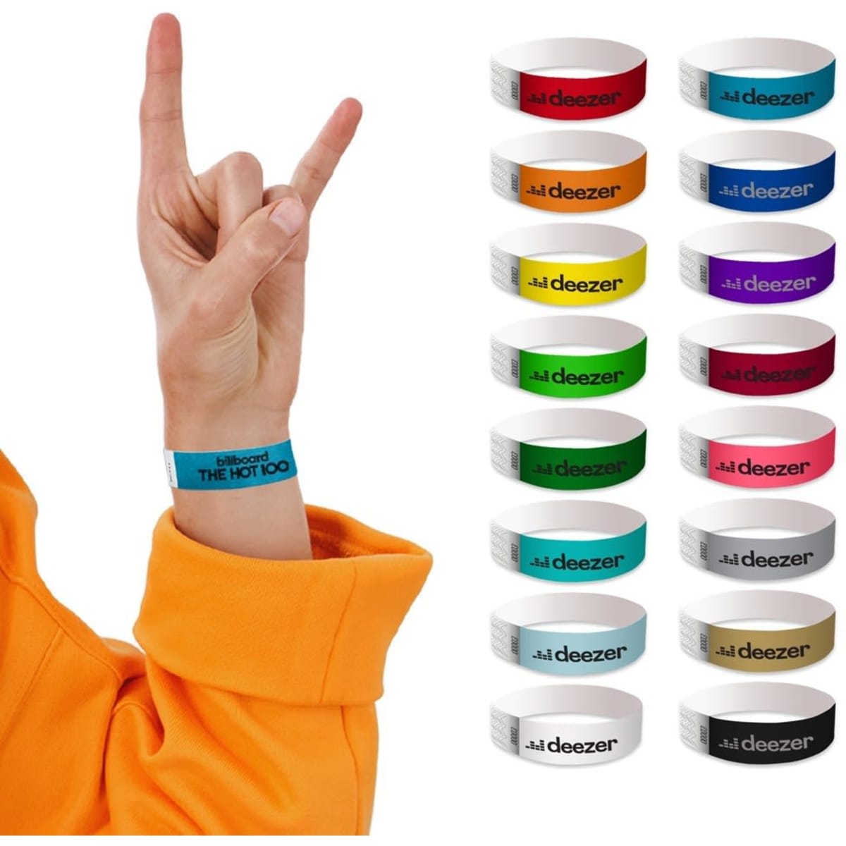 A hand demonstrates various Tyvek disposable wristbands in multiple colours, featuring a logo and a bold design.