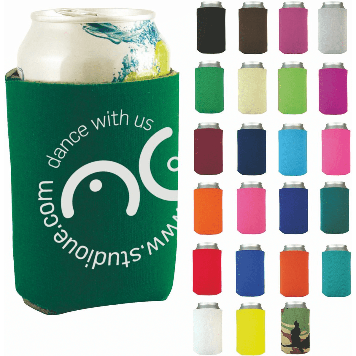 A drink can covered in a green sleeve featuring a logo, surrounded by various coloured can sleeves.