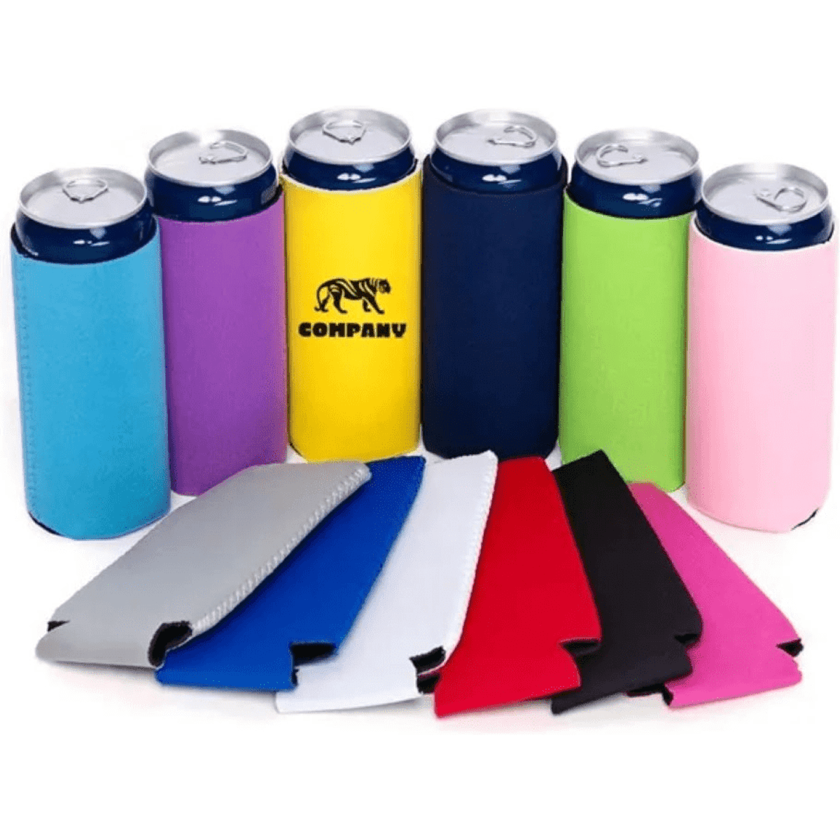 A collection of can cooler sleeves in various colours, with several drink cans and a logo on one sleeve.