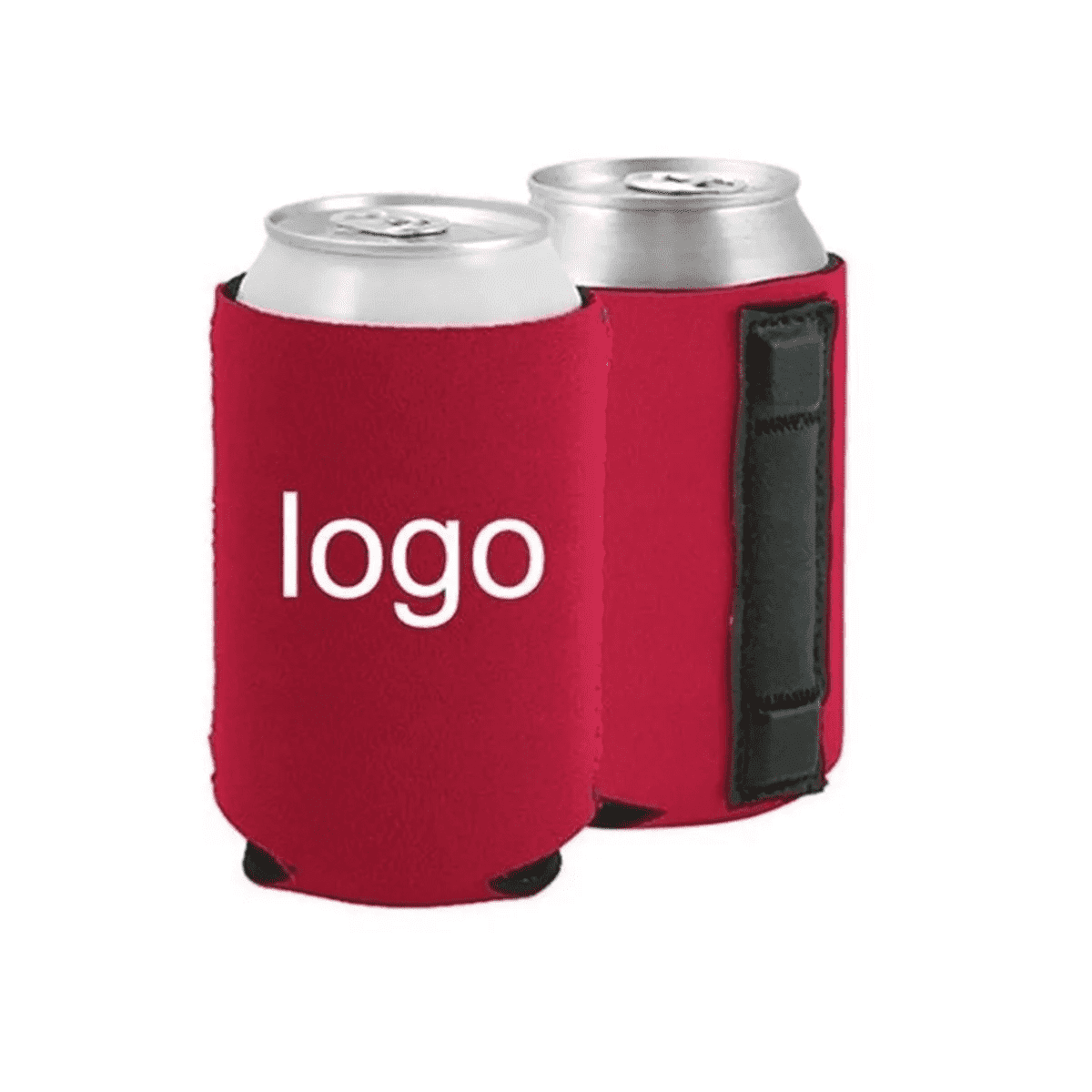 A drink bottle cooler in red with a black magnetic strip and a visible logo. Two cans fit inside.