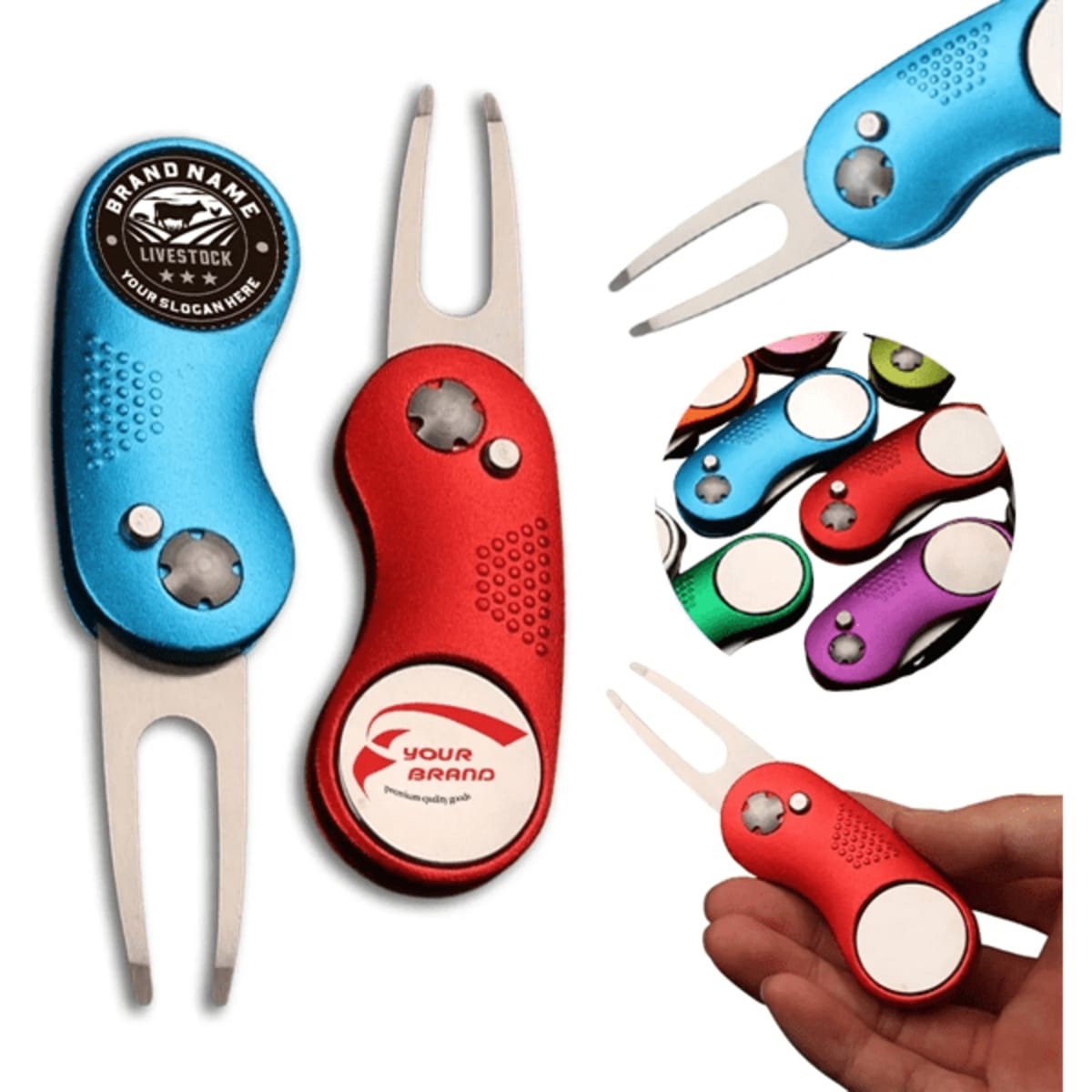 A foldable golf divot tool in blue and red, featuring a logo and ergonomic design for easy grip.