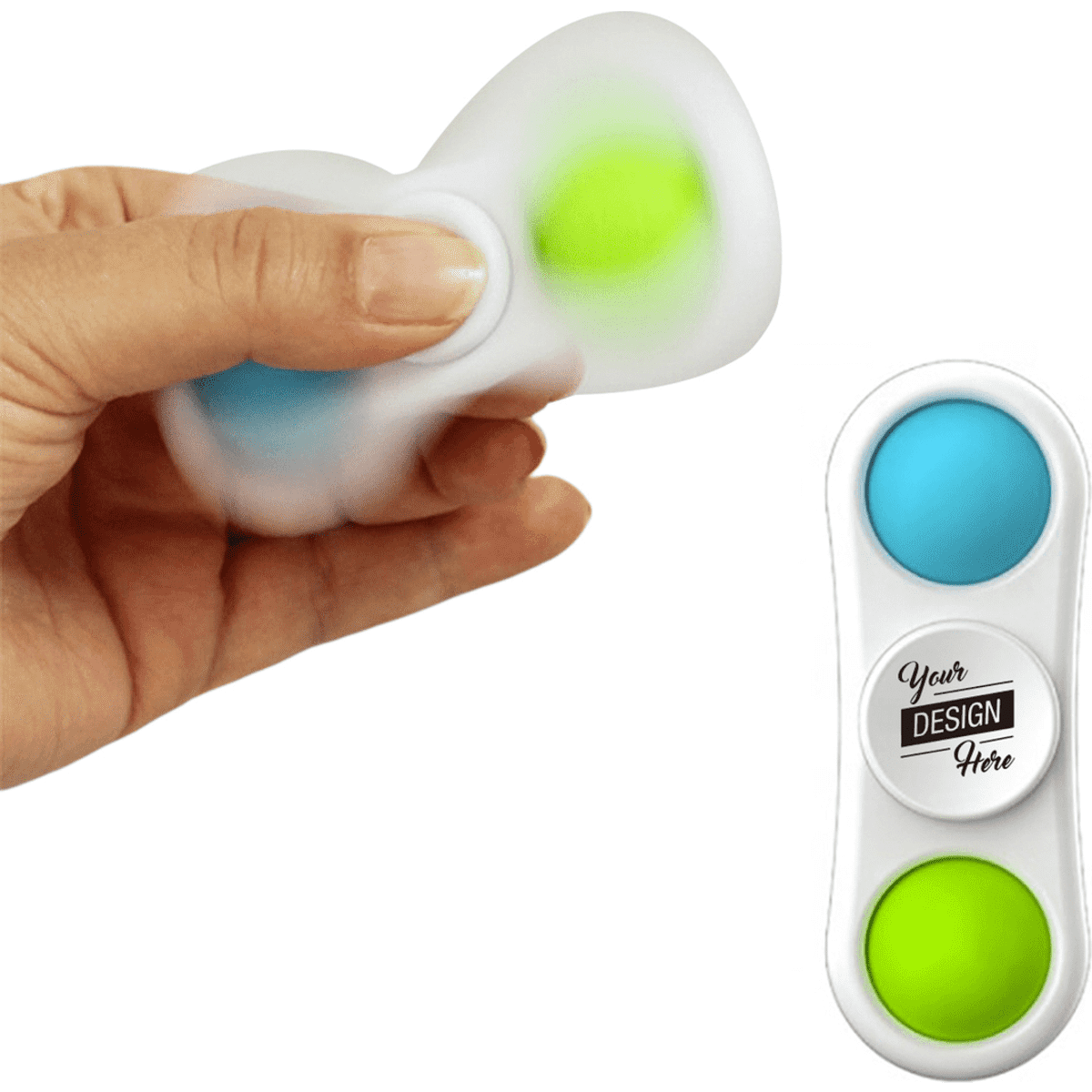 A white Push Bubble Fidget Spinner held in hand, featuring blue and green bubbles. It has a logo space.