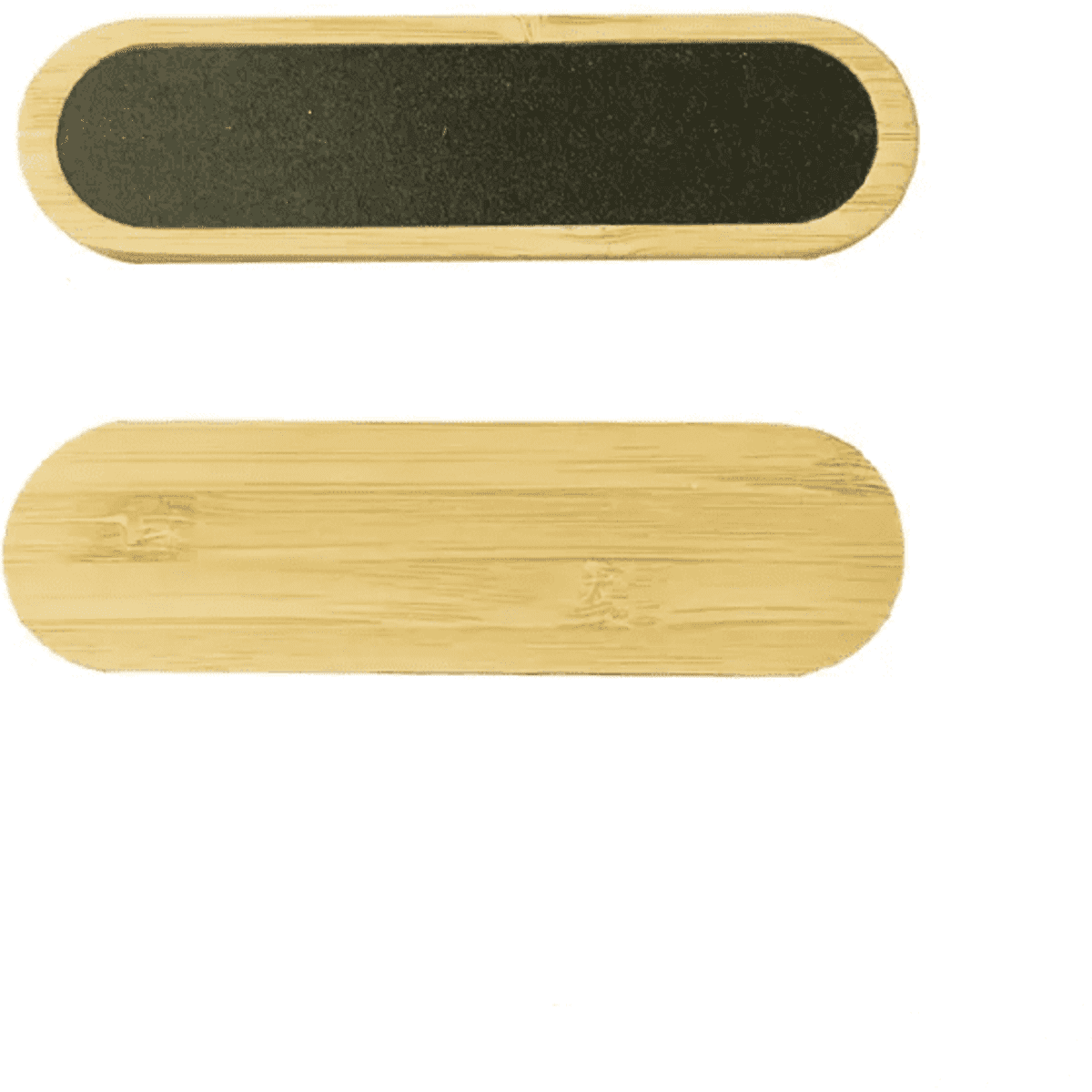 A bamboo nail file featuring a smooth wooden side and a textured black sanding surface, showing natural wood colour.