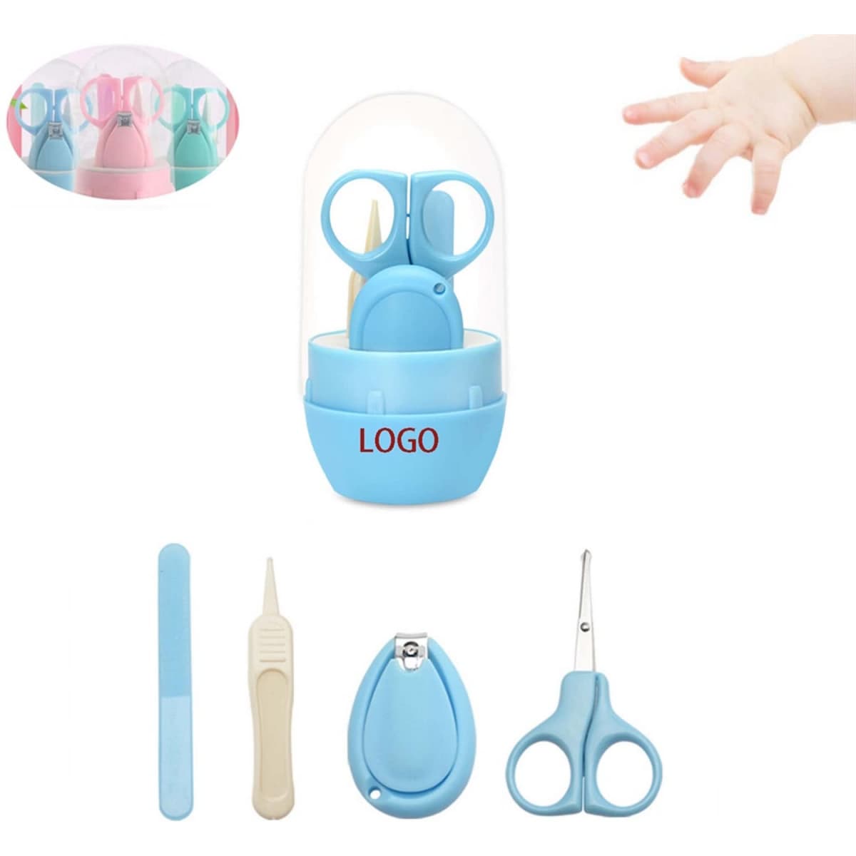 A baby manicure set in blue with scissors, nail clippers, a file, and a tool, packaged in a clear case.