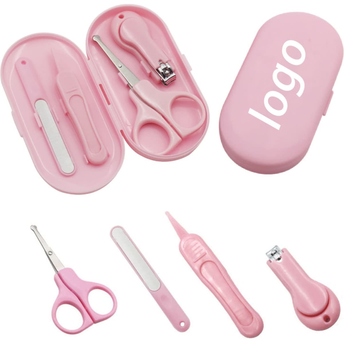 A pink baby manicure set featuring scissors, a nail clipper, a filer, and a cleaning stick in a matching case.