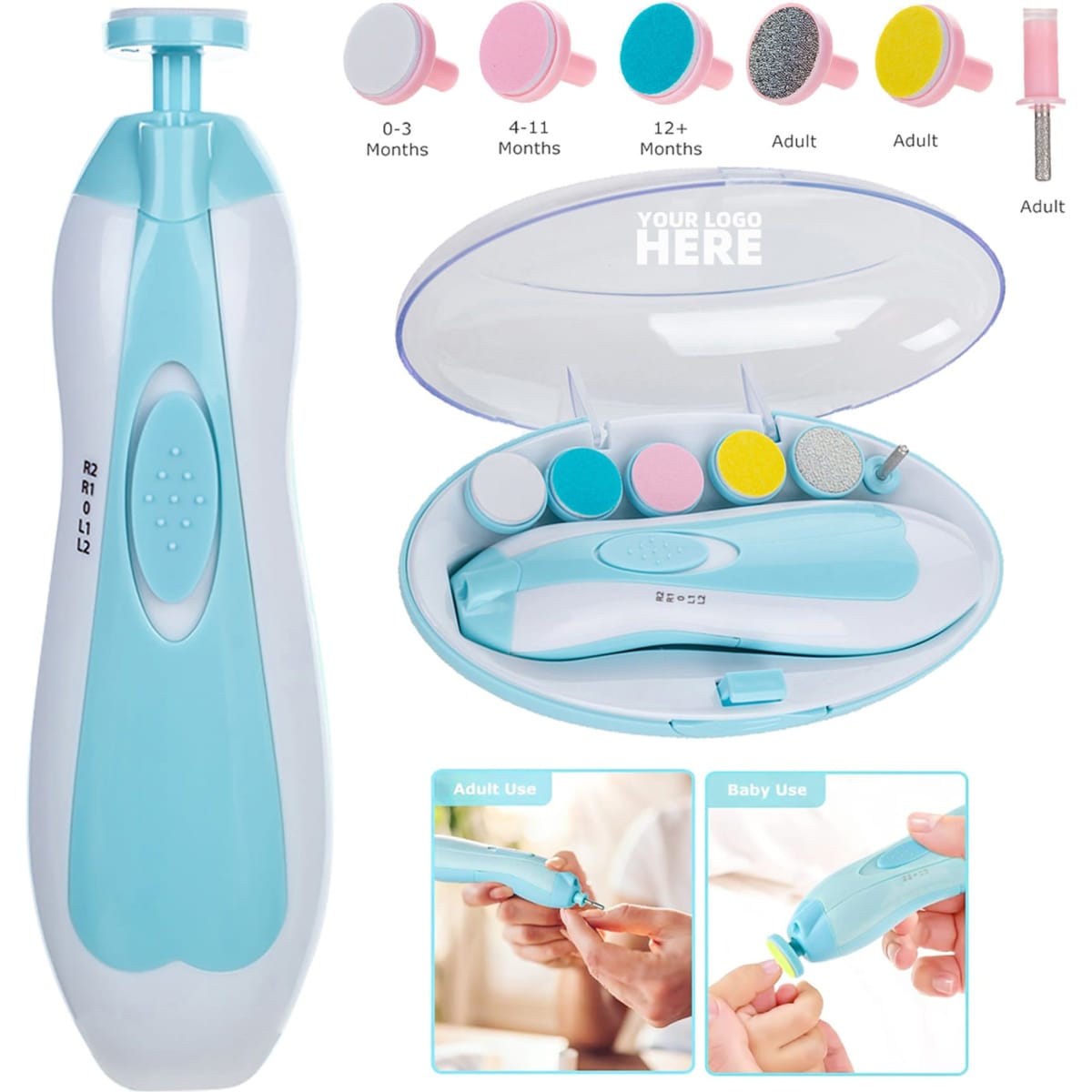 A baby electric nail trimmer in white and light blue, with various coloured attachments and a storage case.