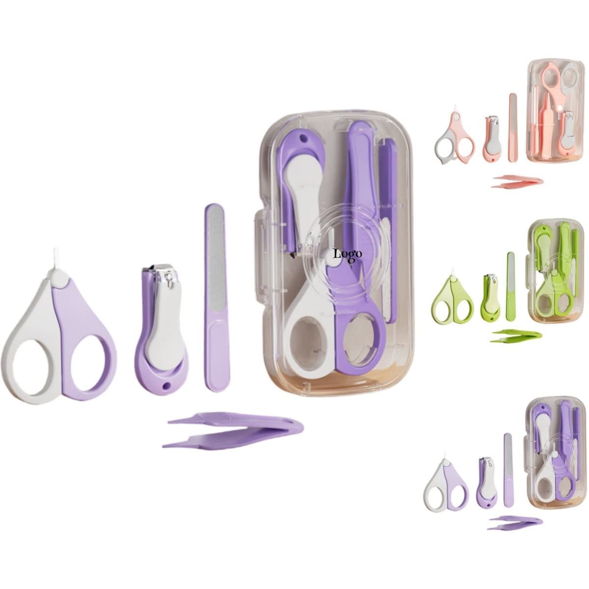 A baby manicure set featuring four pieces: scissors, nail clippers, a file, and tweezers in purple and white.