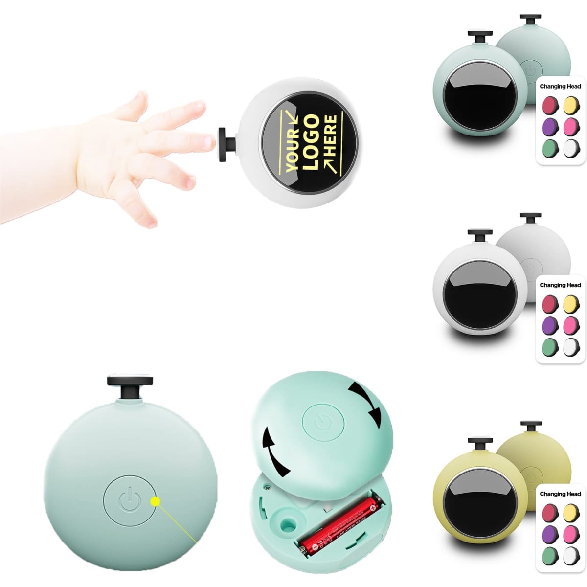 A mint green baby electric nail trimmer with interchangeable heads and a circular design, featuring a logo space.