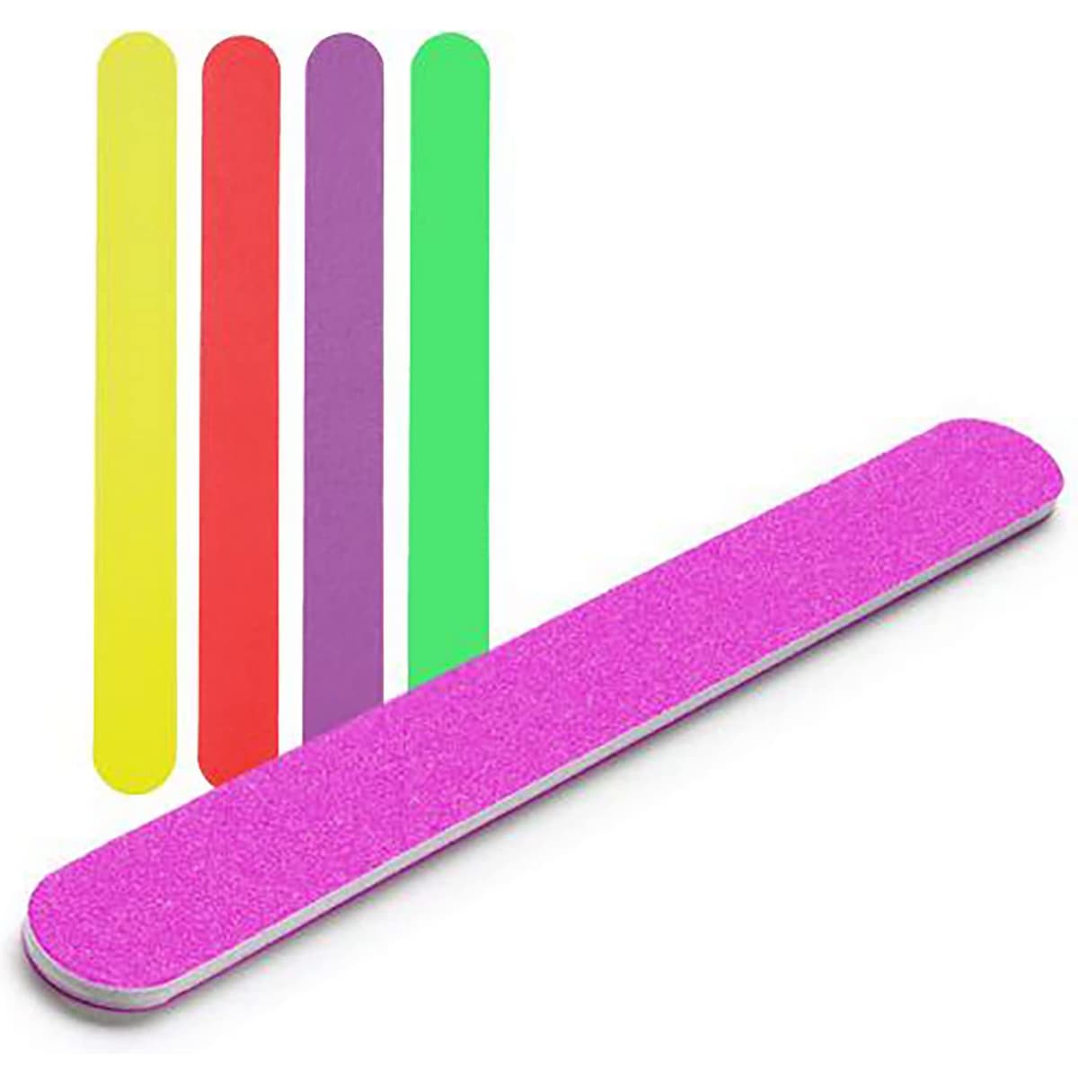 A pink nail file with four additional coloured nail files in yellow, red, green, and purple. Each file has a textured surface.