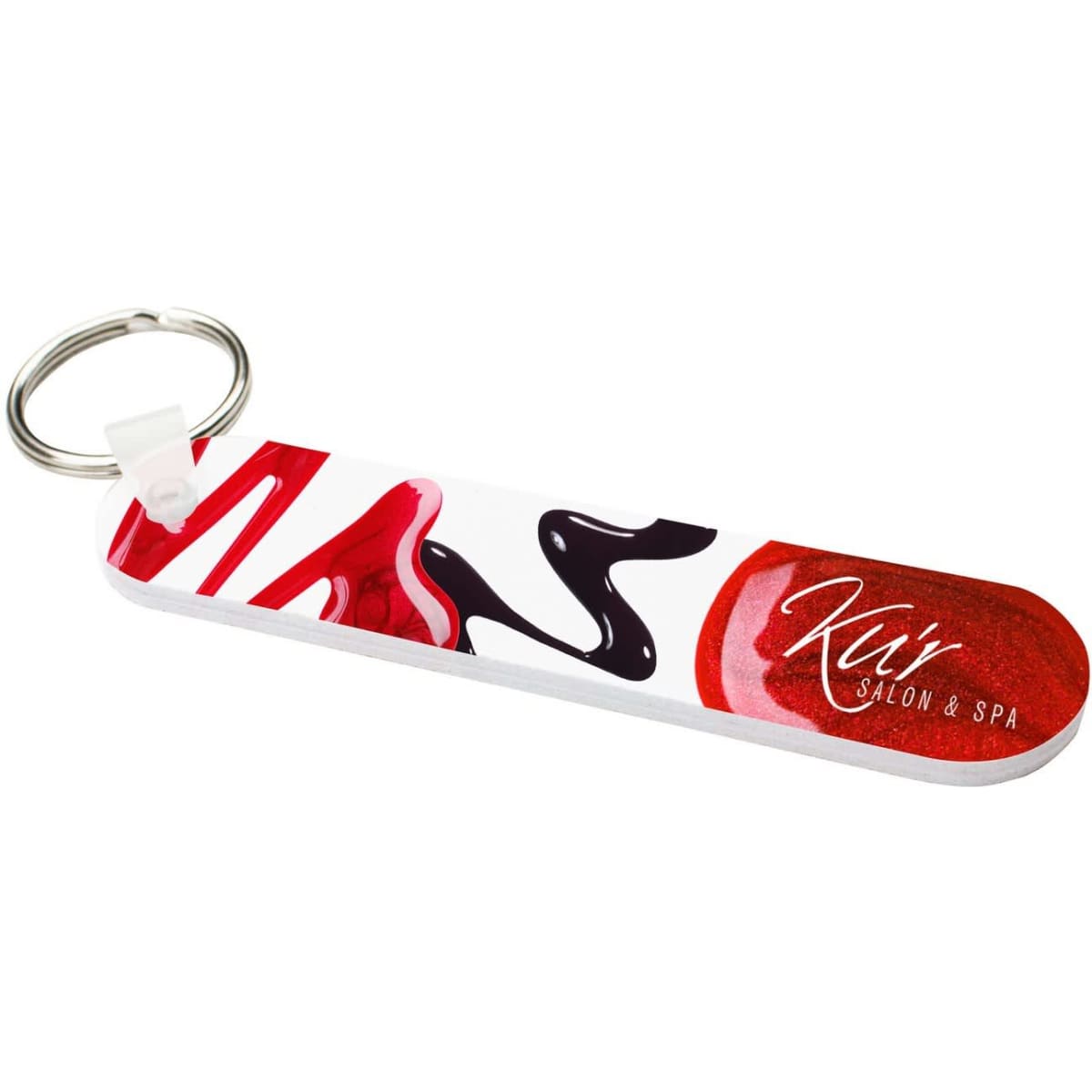 A nail file with a keyring, featuring a colourful design in red and black. It also includes a logo.