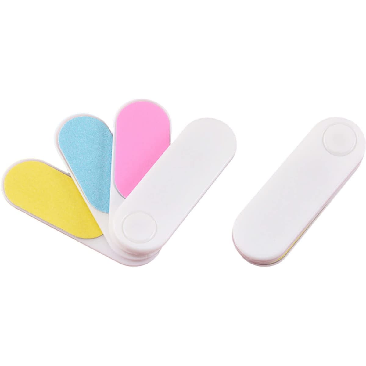 A mini nail file set featuring four colours: pink, blue, and yellow, with a white casing.