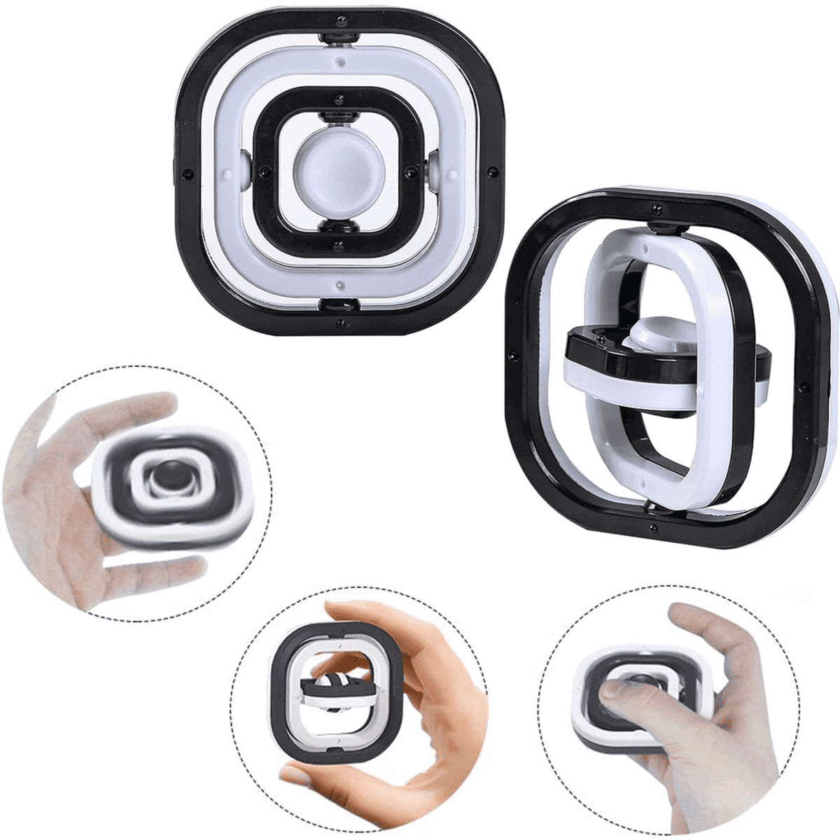 A 3D Infinite Flip Fidget Spinner in black and white, featuring nested rings and a logo.