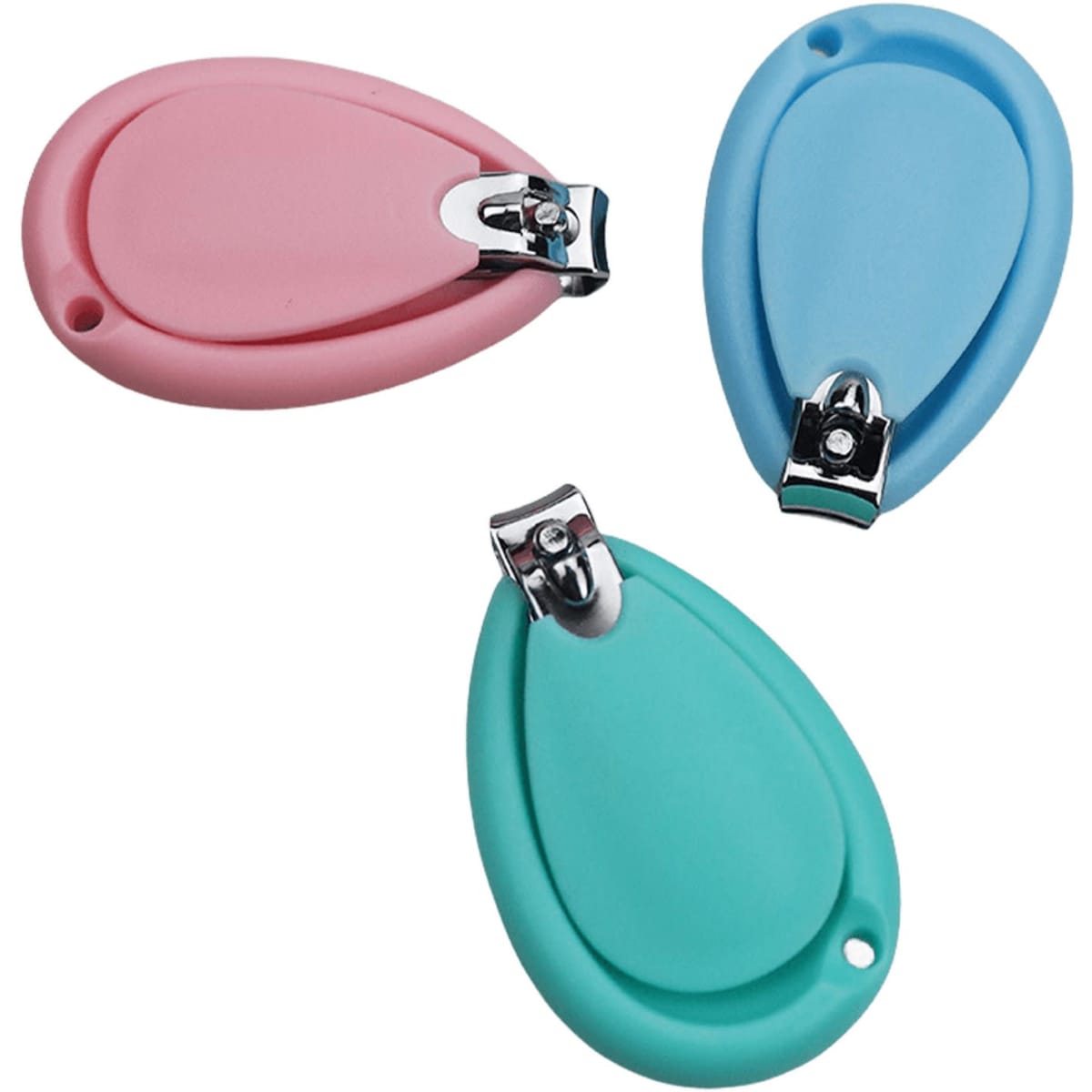 A set of baby nail clippers in pink, blue, and green, featuring a smooth, rounded design and metallic trimming edges.