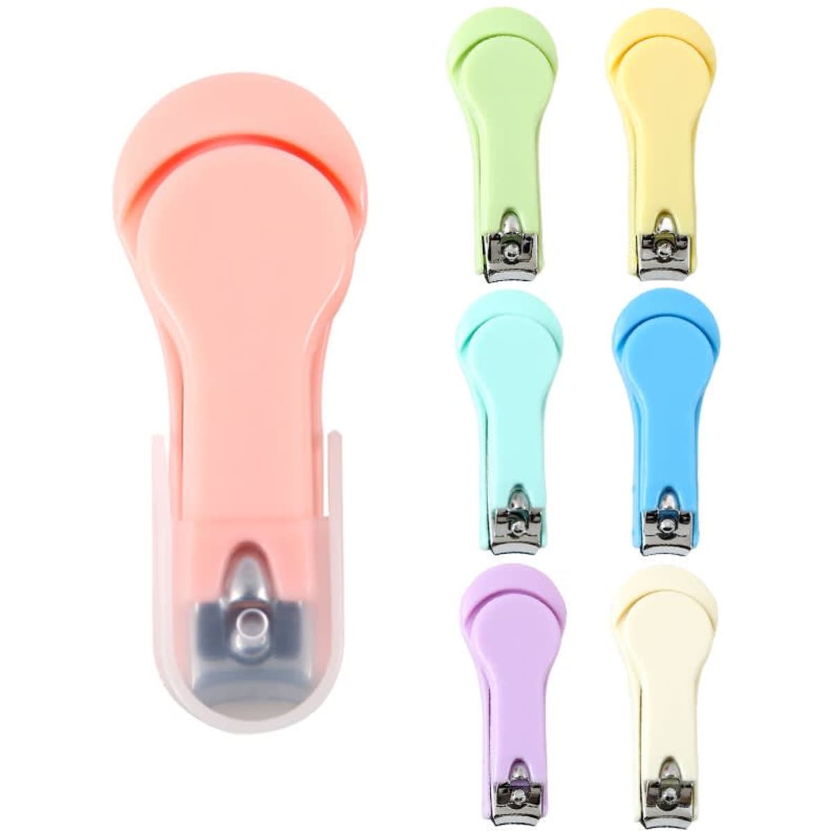 A set of baby nail clippers in pastel colours, including pink, yellow, green, blue, and purple, arranged in a group.