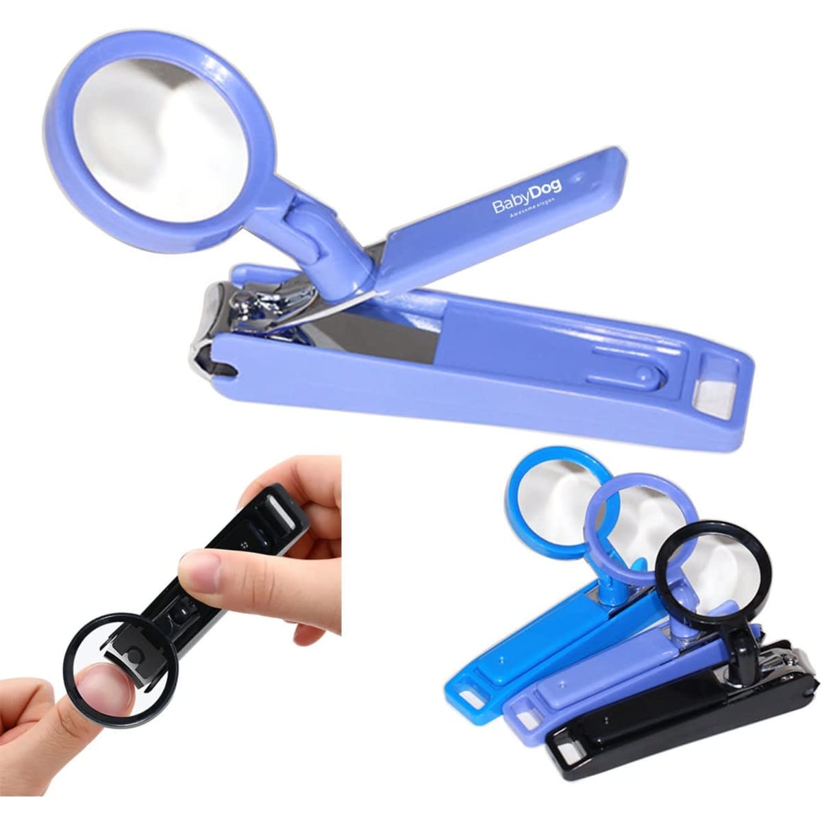A nail clipper with a magnifying glass, available in purple and black, features a sleek design and has a logo.