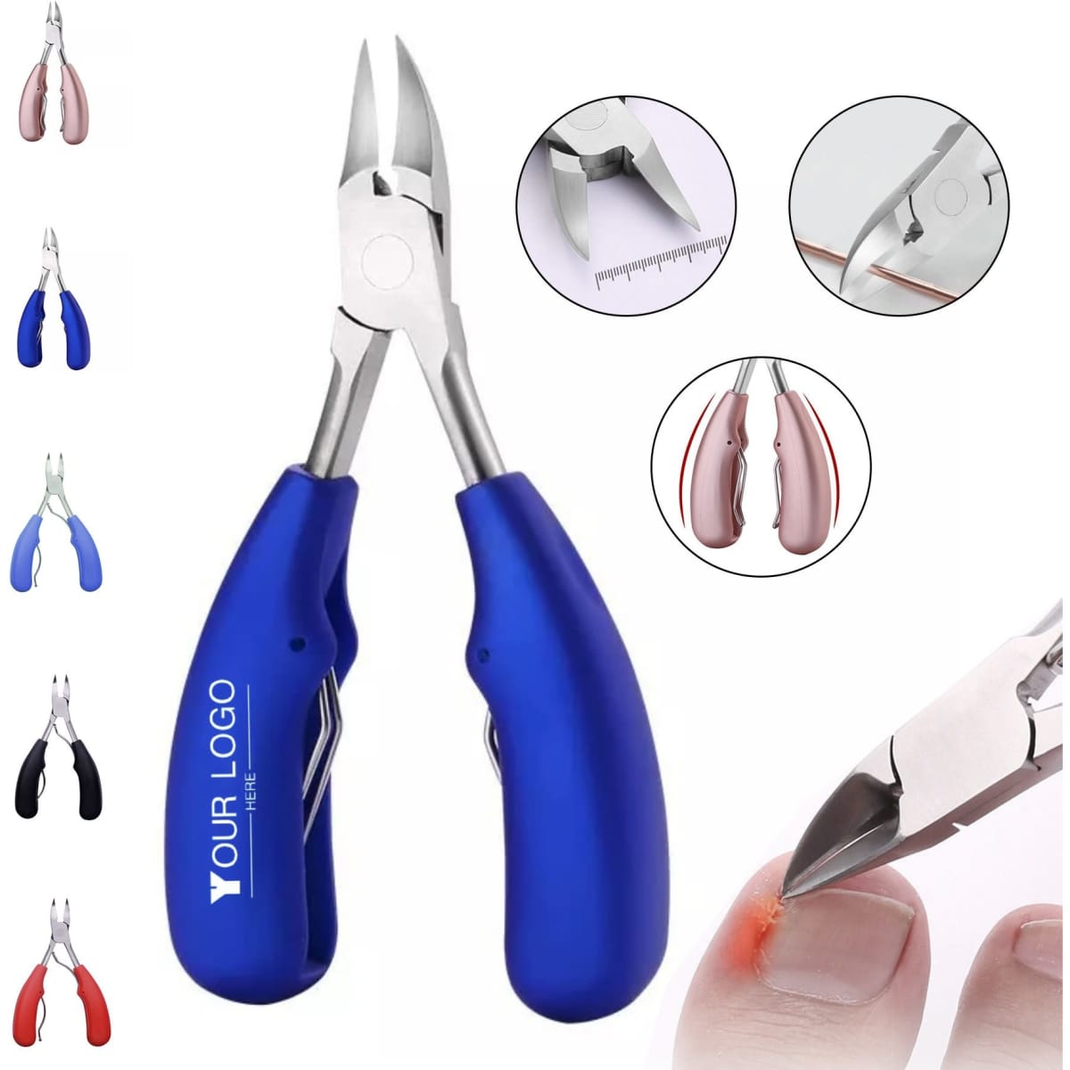 A toenail clipper with ergonomic blue handles and stainless steel blades, featuring a logo on the handle.