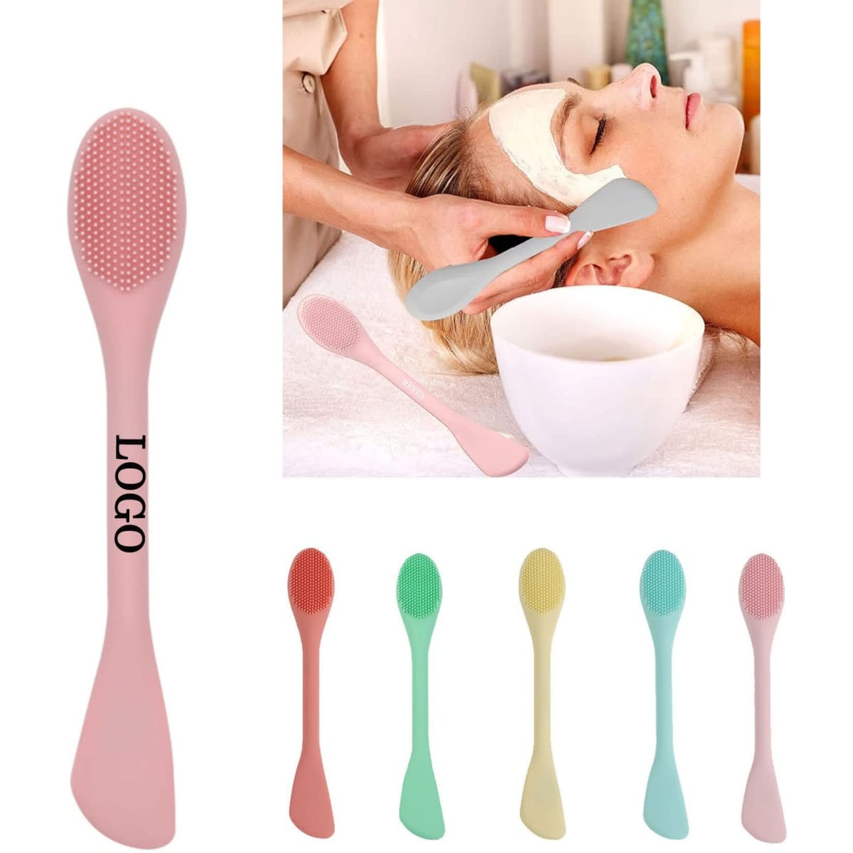 A double-ended silicone face mask brush featuring various pastel colours, including pink, green, and yellow.